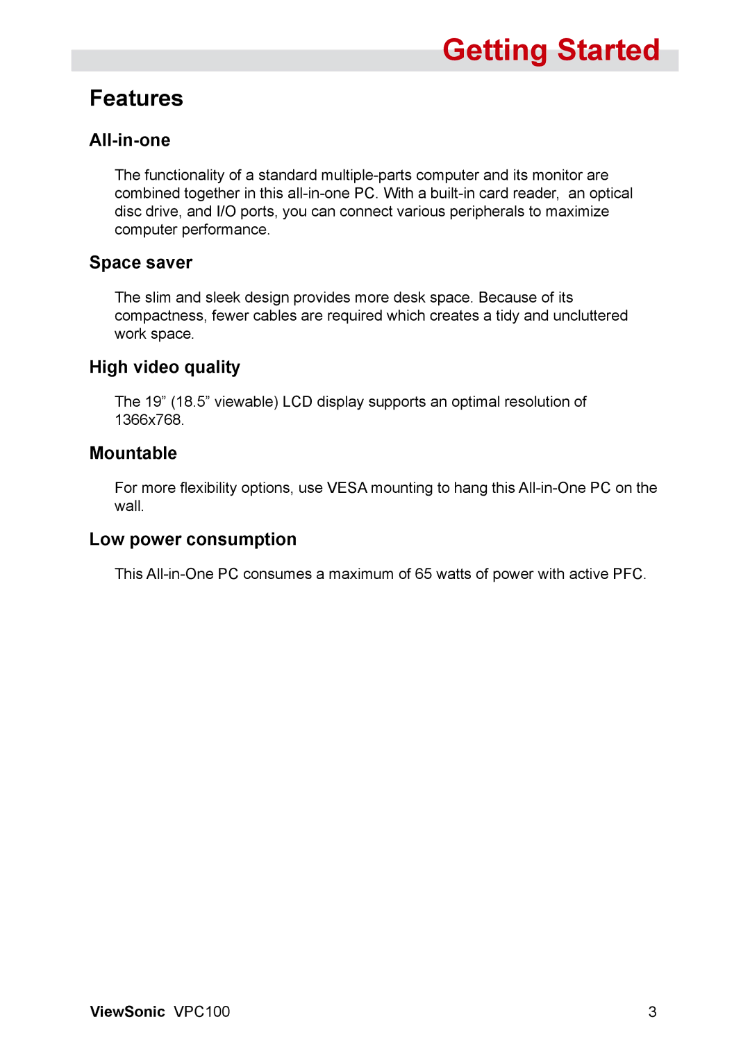 ViewSonic VPC100 manual Features 