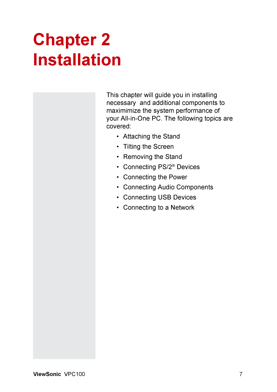 ViewSonic VPC100 manual Chapter Installation 