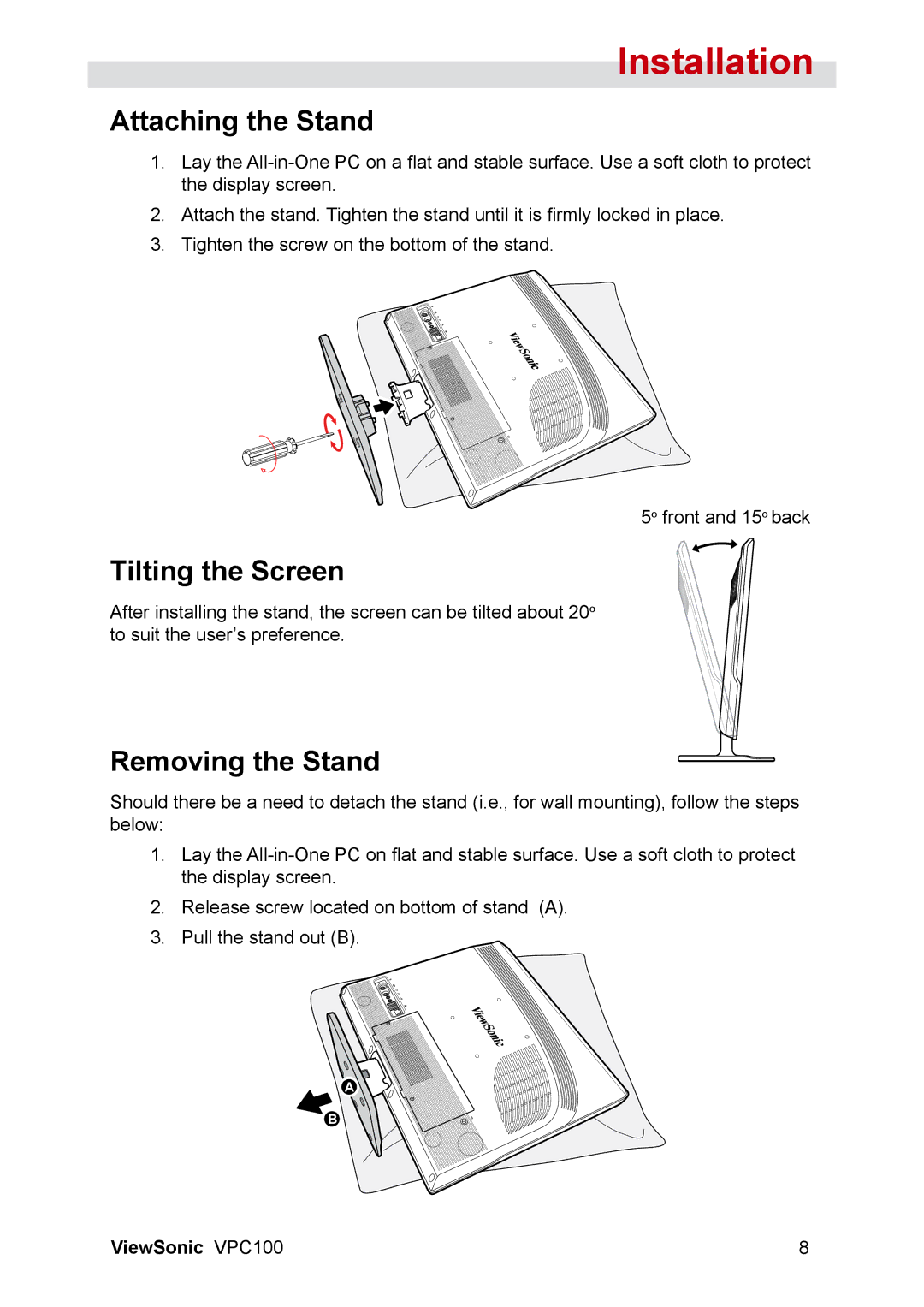 ViewSonic VPC100 manual Attaching the Stand, Tilting the Screen, Removing the Stand 