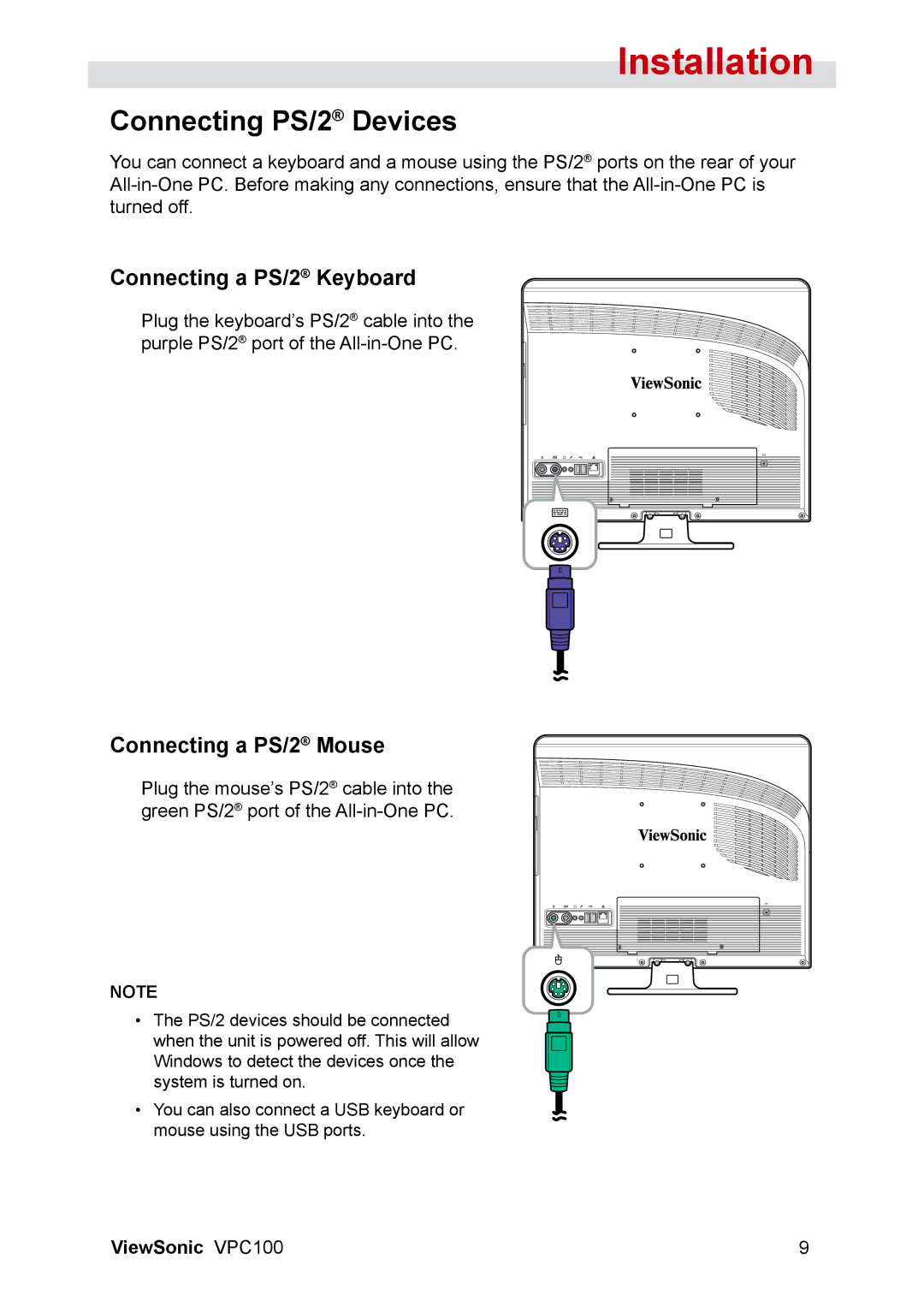 ViewSonic VPC100 manual Connecting PS/2 Devices, Connecting a PS/2 Keyboard, Connecting a PS/2 Mouse 