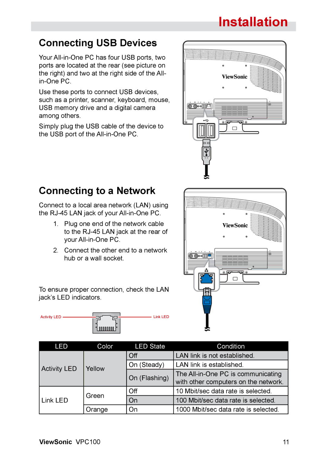 ViewSonic VPC100 manual Connecting USB Devices, Connecting to a Network 