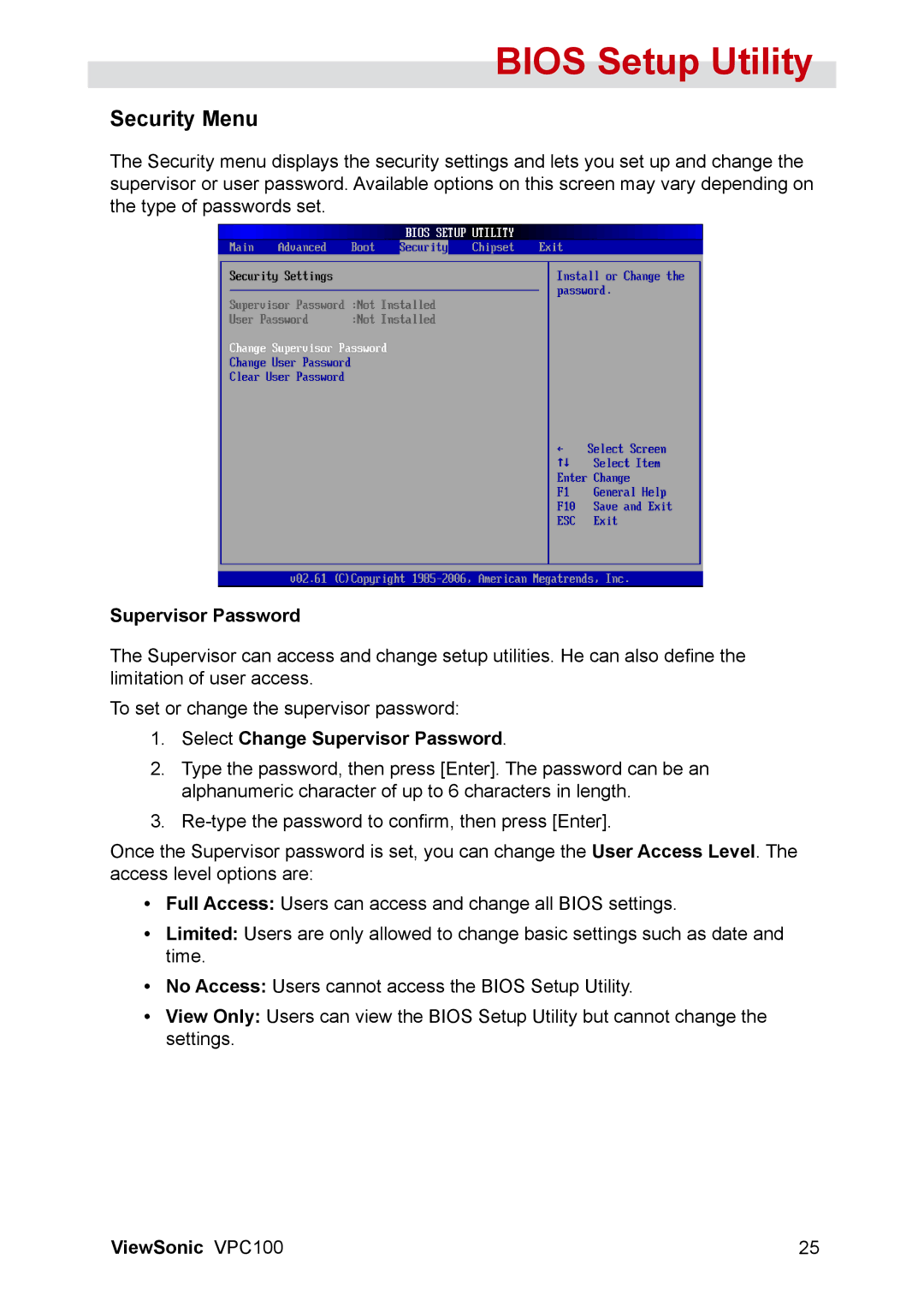 ViewSonic VPC100 manual Security Menu, Select Change Supervisor Password 