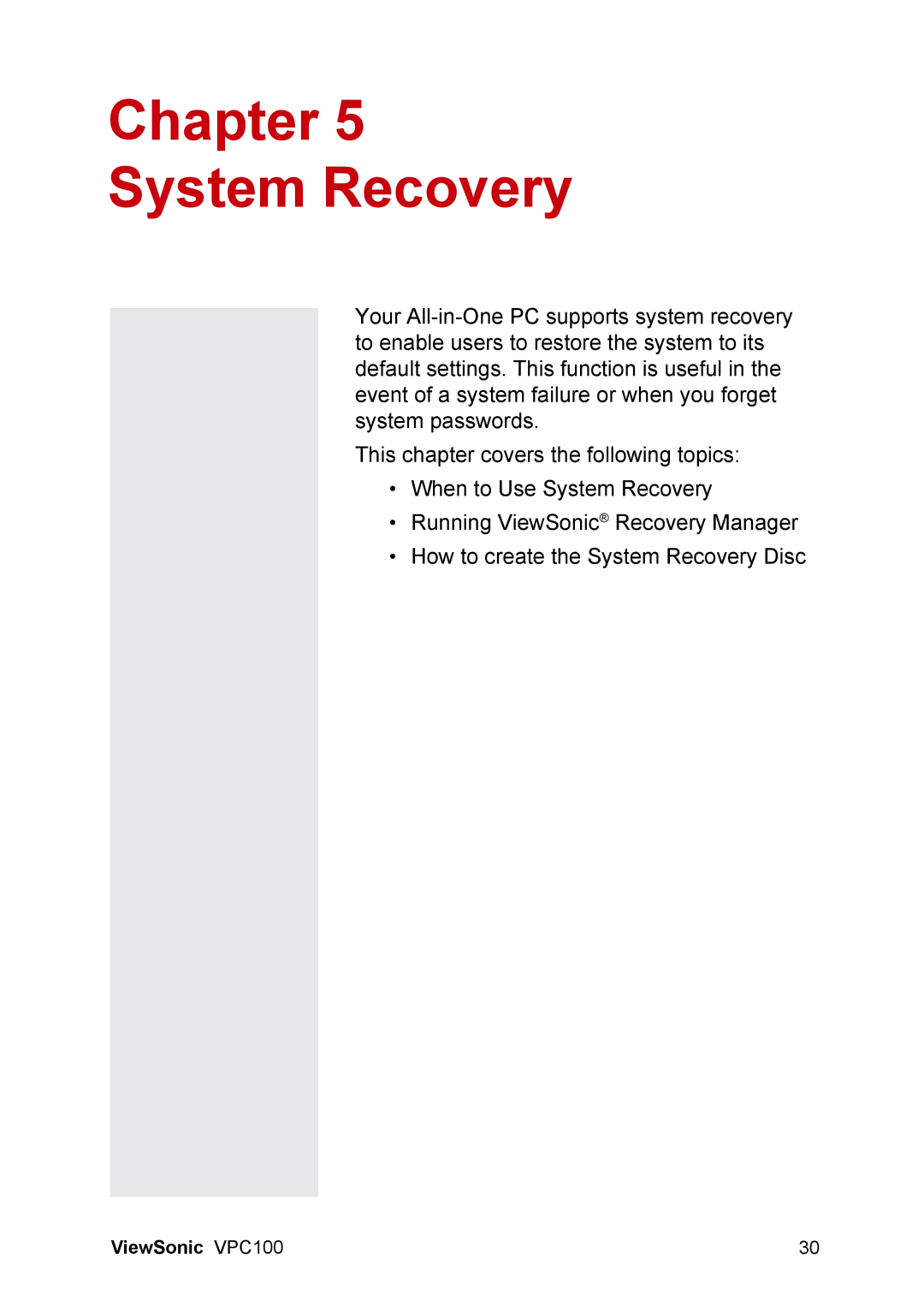 ViewSonic VPC100 manual Chapter System Recovery 