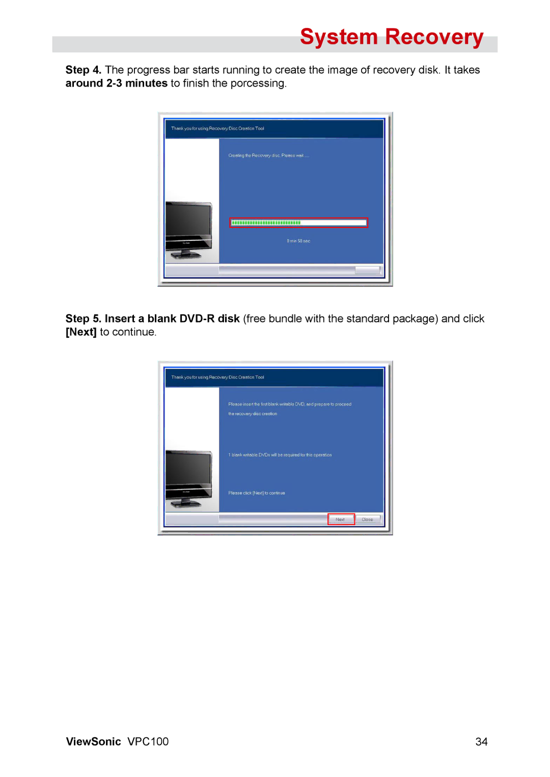 ViewSonic VPC100 manual System Recovery 