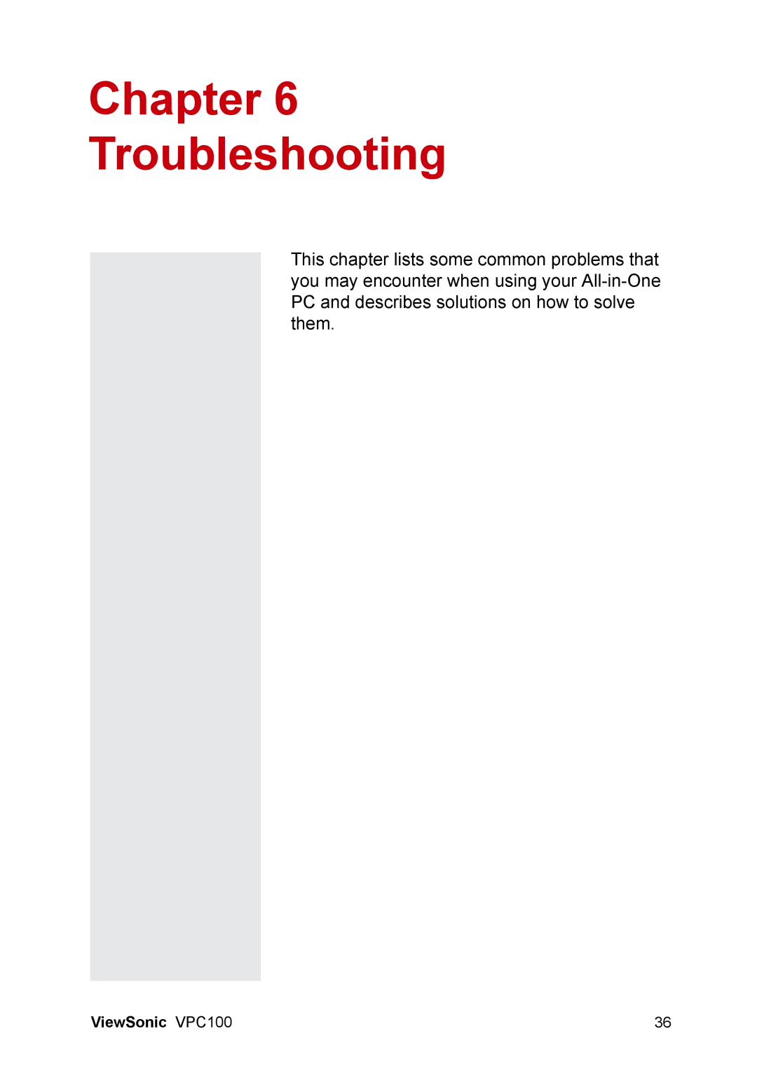 ViewSonic VPC100 manual Chapter Troubleshooting 