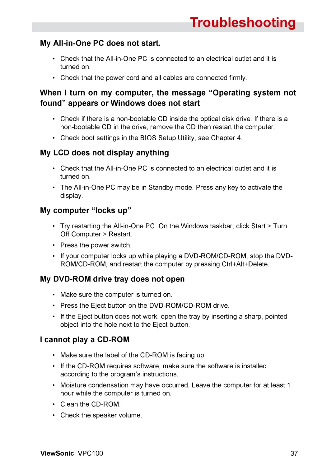 ViewSonic VPC100 manual My All-in-One PC does not start, My LCD does not display anything, My computer locks up 