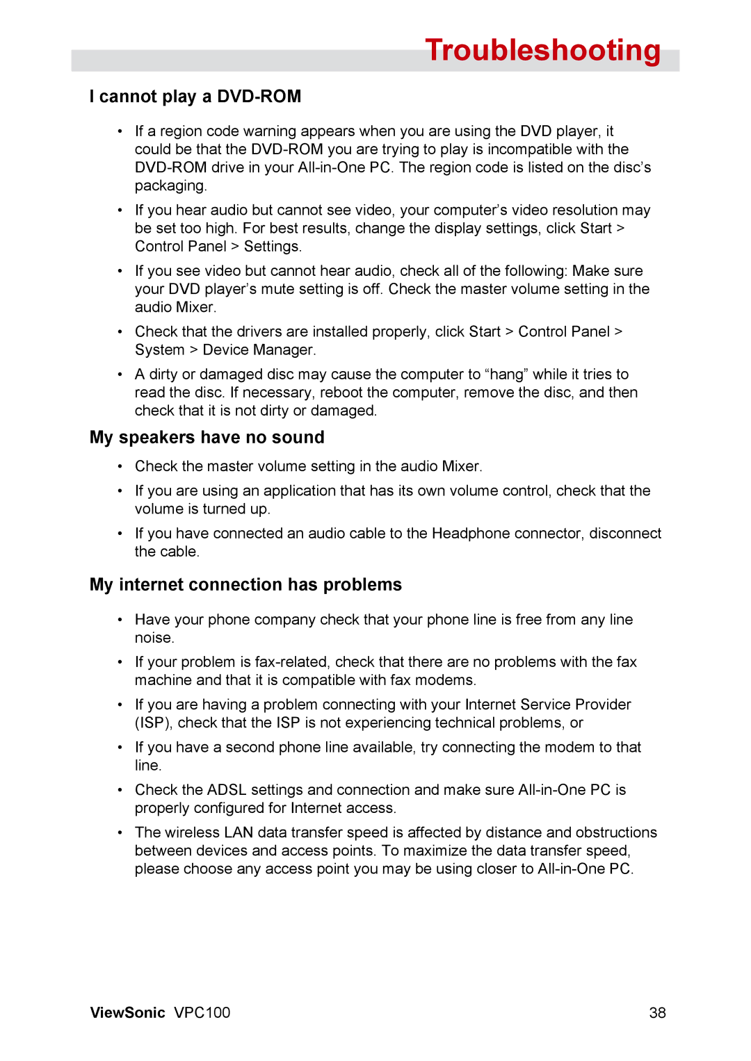 ViewSonic VPC100 manual Cannot play a DVD-ROM, My speakers have no sound, My internet connection has problems 