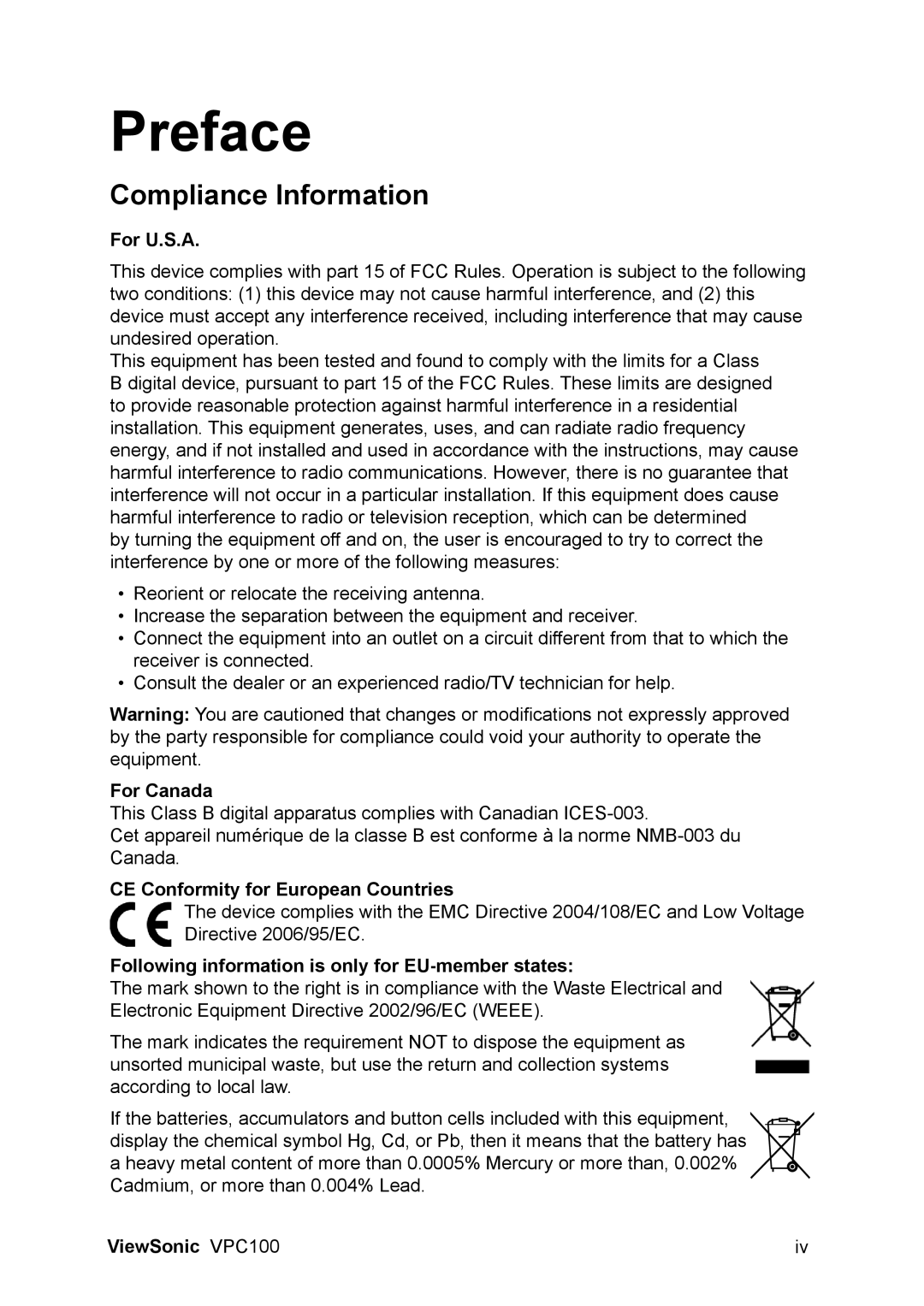 ViewSonic VPC100 manual Compliance Information 