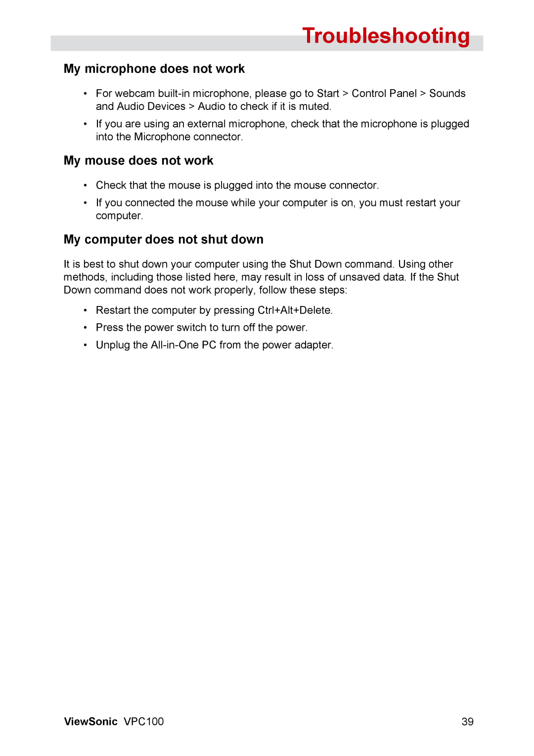 ViewSonic VPC100 manual My microphone does not work, My mouse does not work, My computer does not shut down 