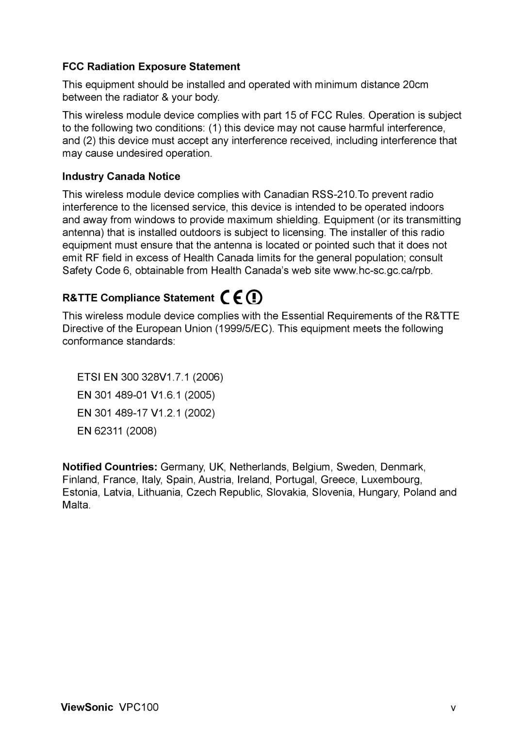 ViewSonic VPC100 manual FCC Radiation Exposure Statement, Industry Canada Notice TTE Compliance Statement 