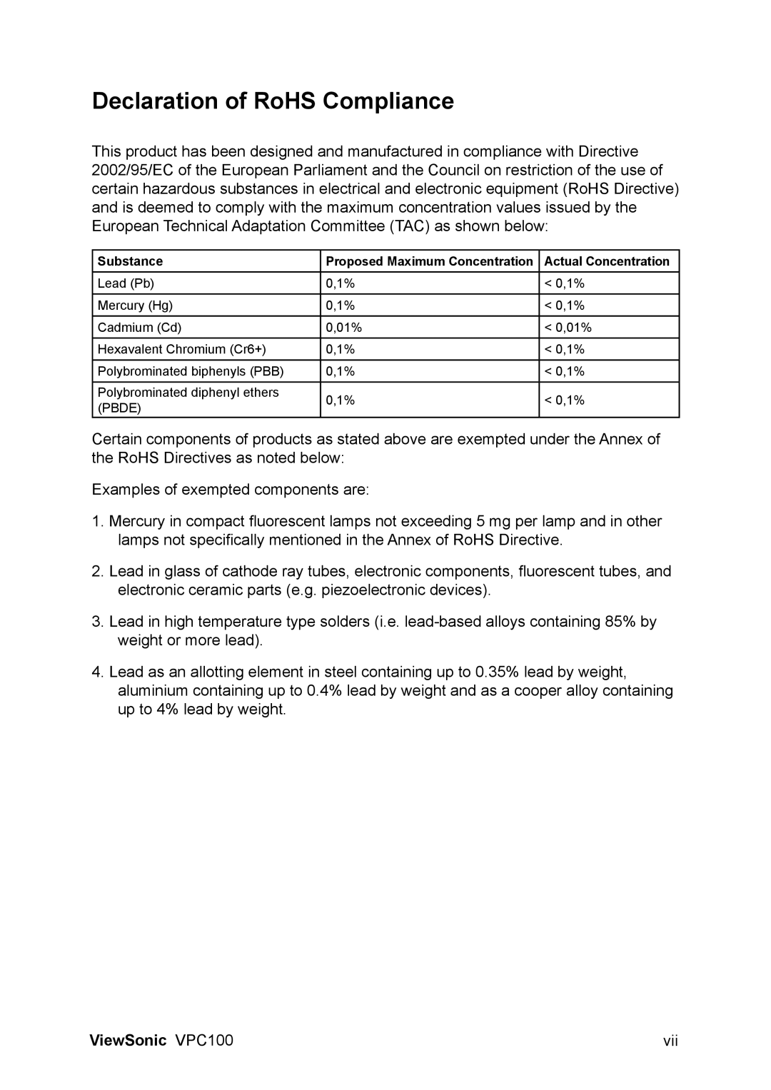 ViewSonic VPC100 manual Declaration of RoHS Compliance 