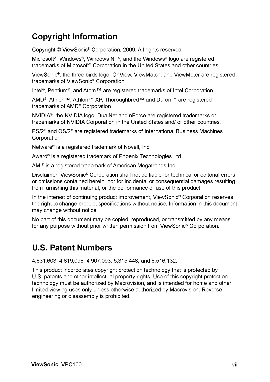 ViewSonic VPC100 manual Copyright Information, Patent Numbers 