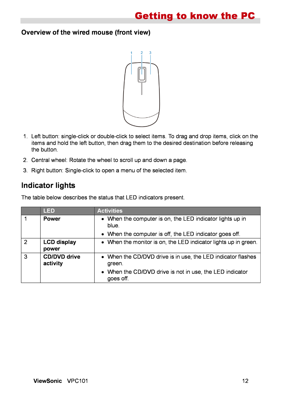 ViewSonic VPC101 manual Indicator lights, Overview of the wired mouse front view, Activities, Getting to know the PC 