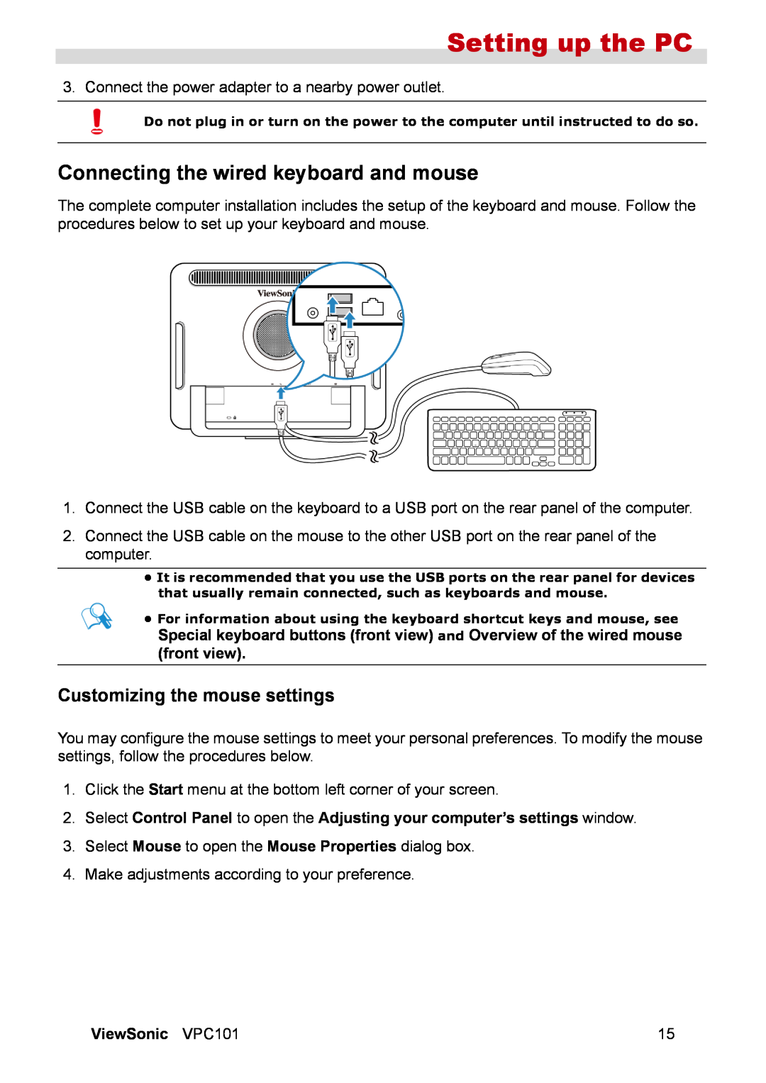 ViewSonic VPC101 manual Connecting the wired keyboard and mouse, Customizing the mouse settings, Setting up the PC 