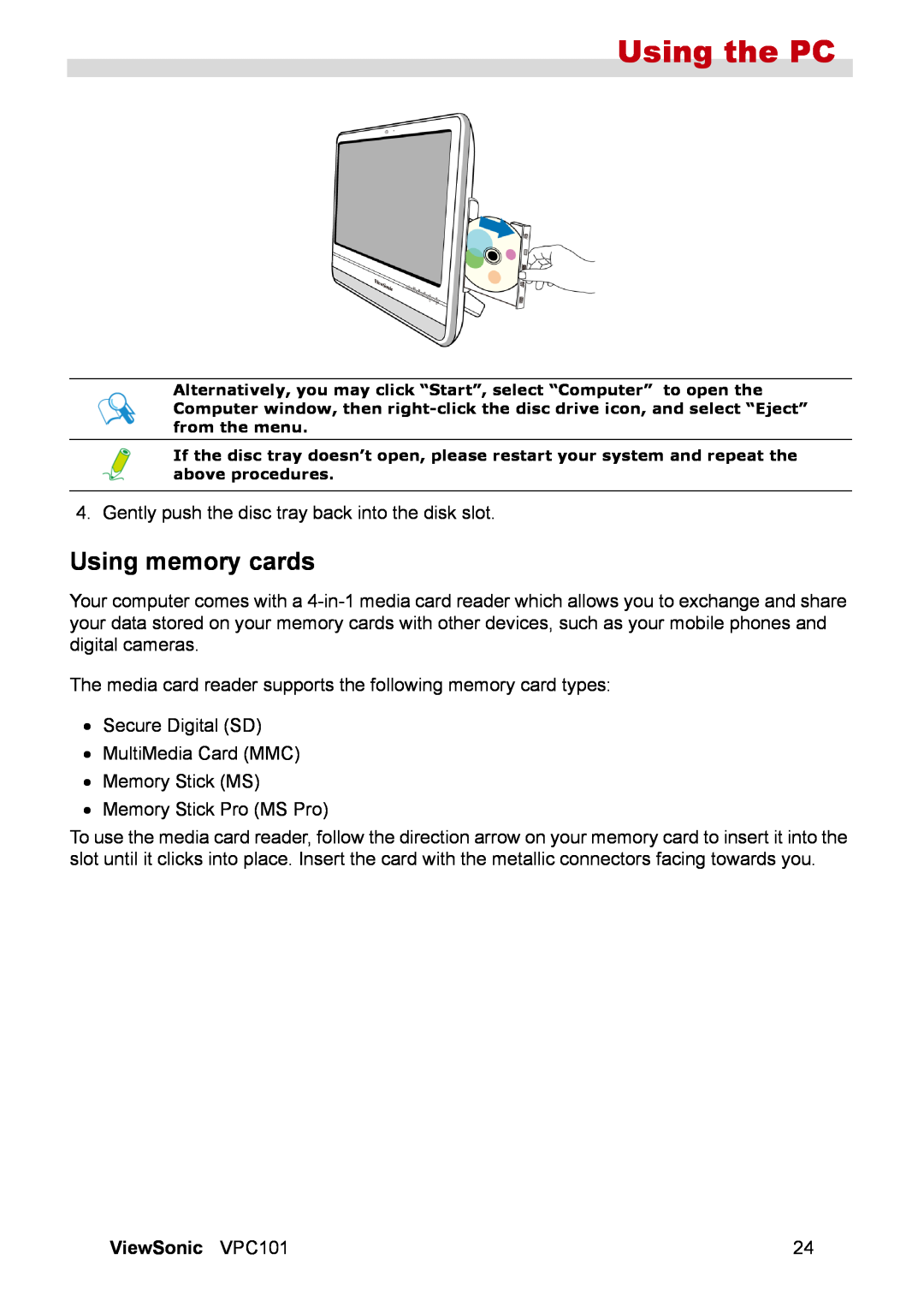 ViewSonic VPC101 manual Using memory cards, Using the PC 