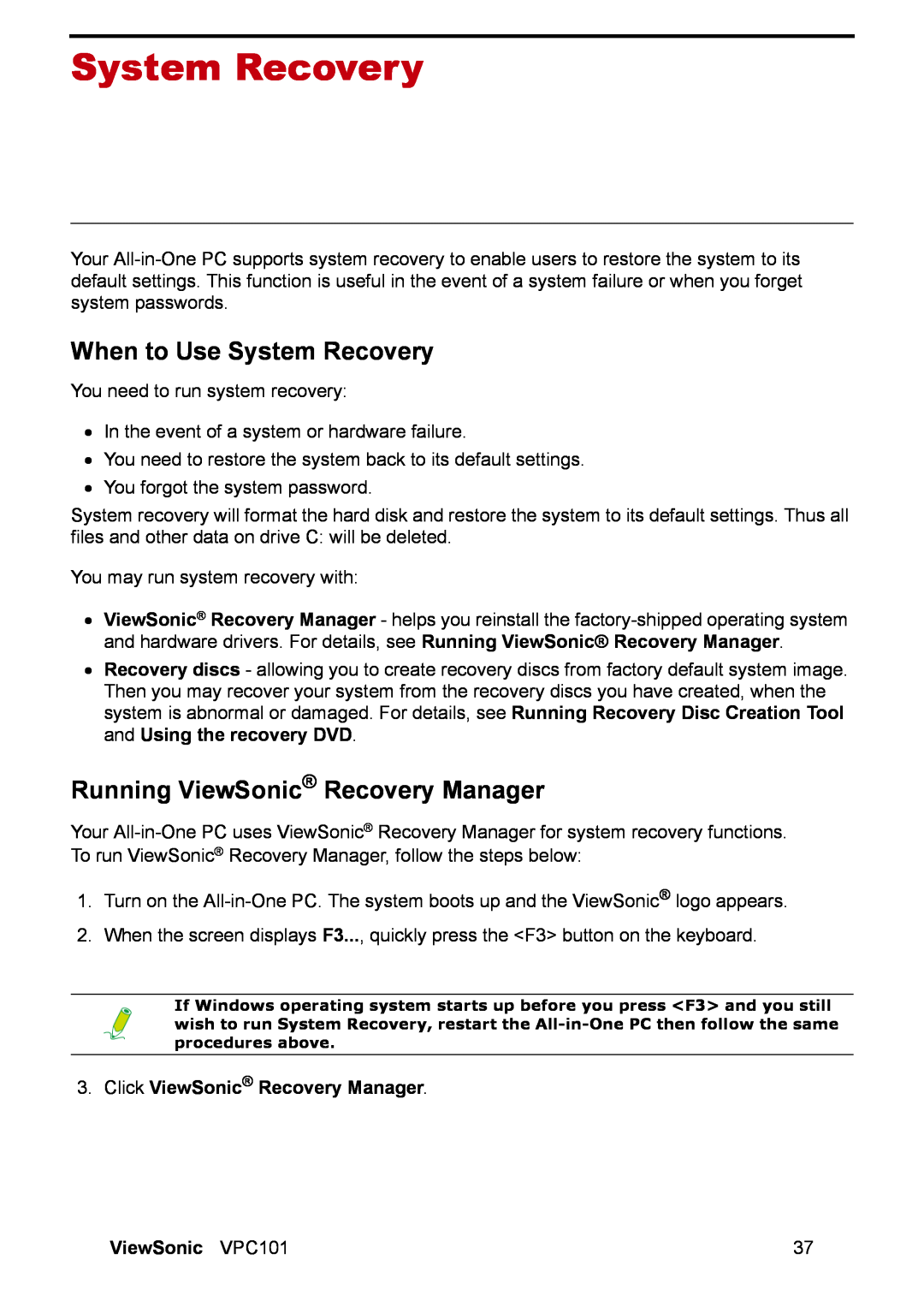 ViewSonic VPC101 manual When to Use System Recovery, Running ViewSonic Recovery Manager 