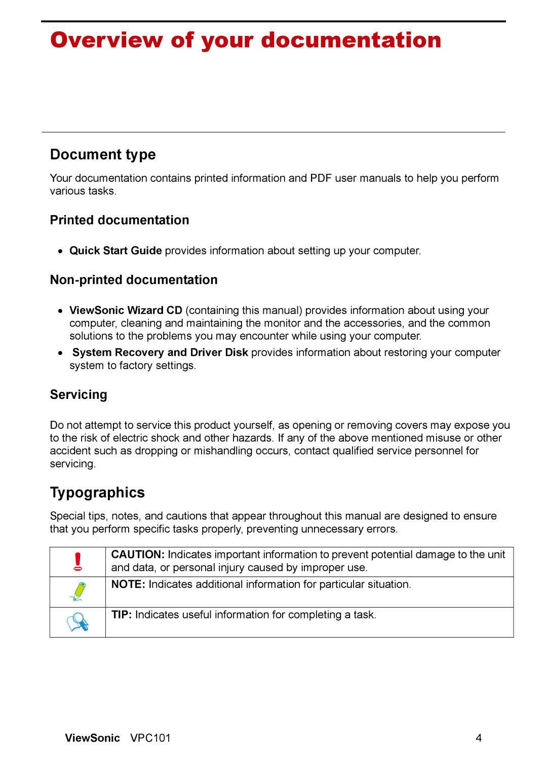 ViewSonic VPC101 manual Overview of your documentation, Document type, Typographics 