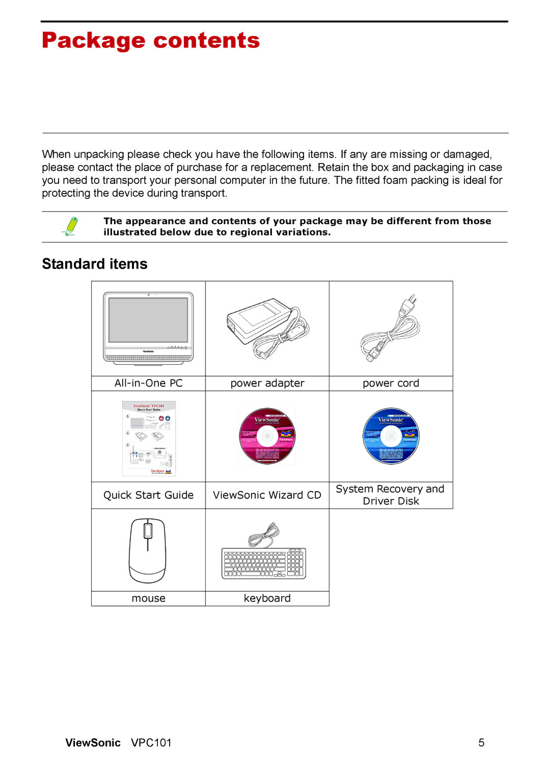 ViewSonic VPC101 manual Package contents 