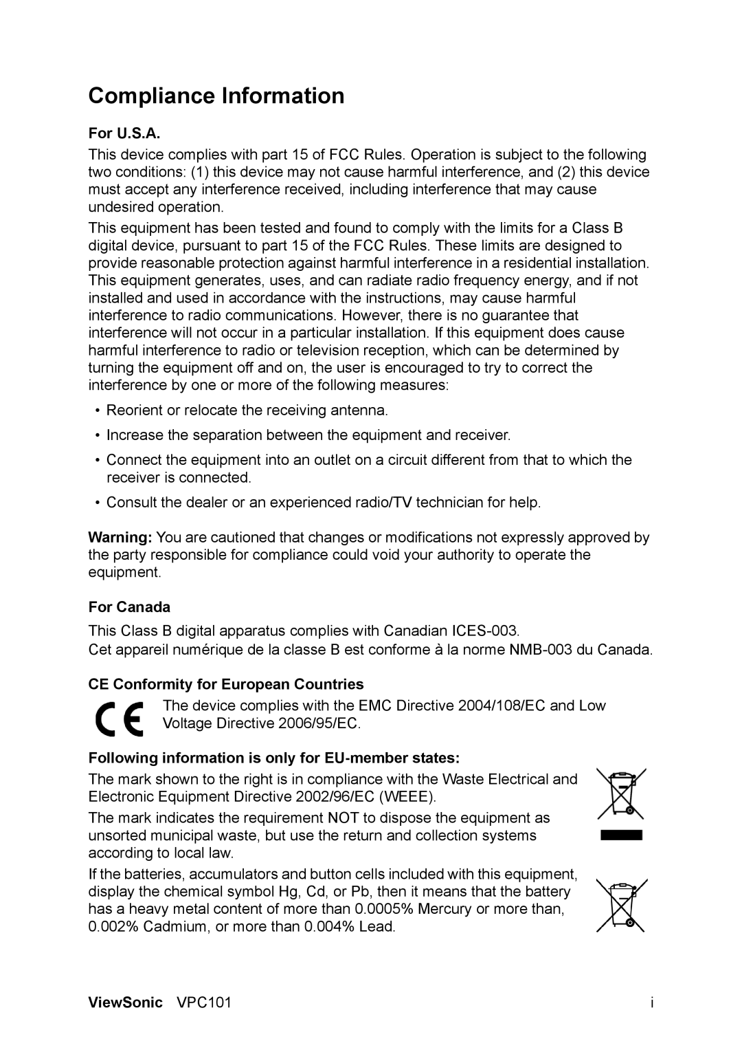 ViewSonic manual For U.S.A, For Canada, CE Conformity for European Countries, ViewSonic VPC101 