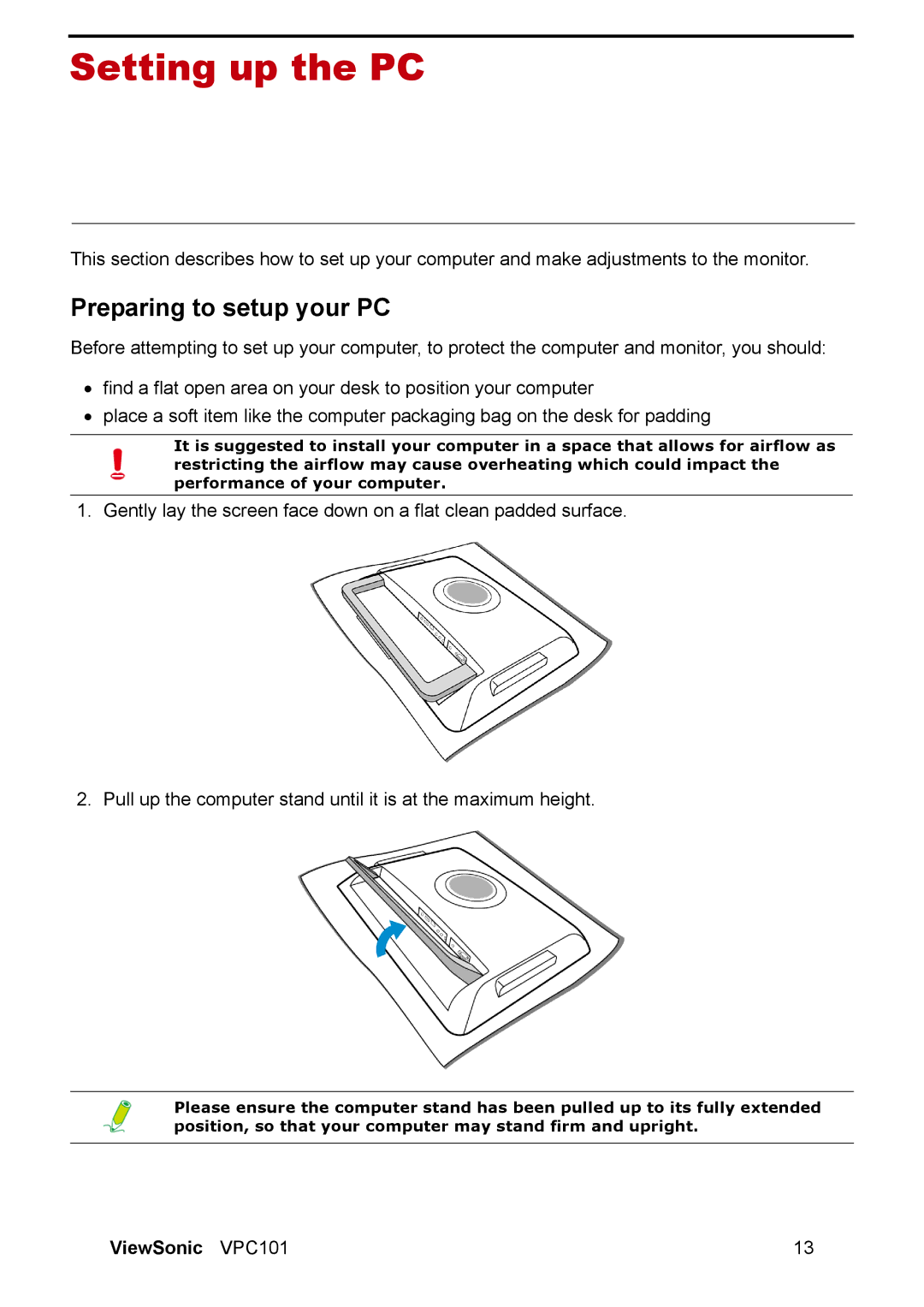 ViewSonic VPC101 manual Setting up the PC, Preparing to setup your PC 