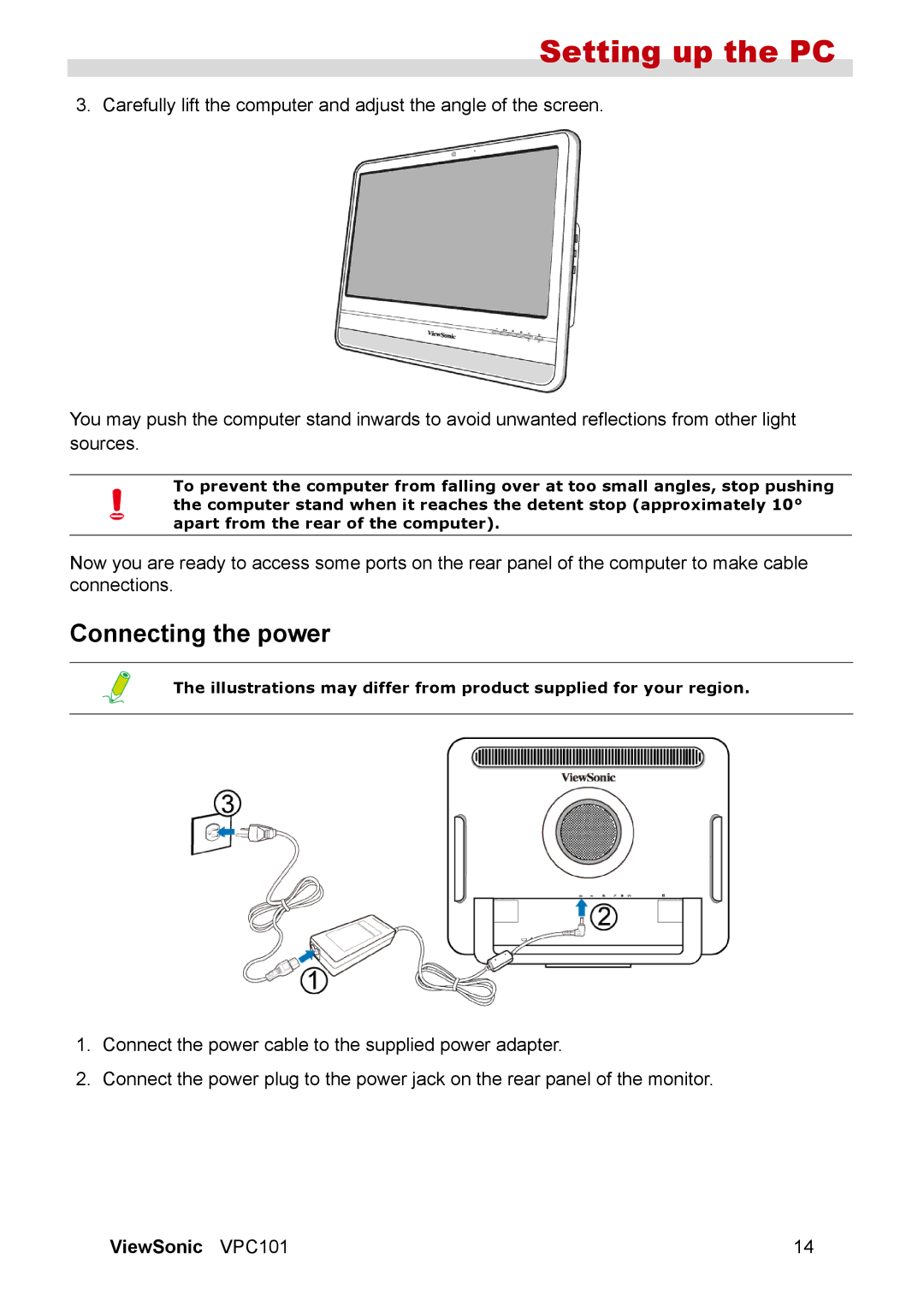 ViewSonic VPC101 manual Setting up the PC, Connecting the power 