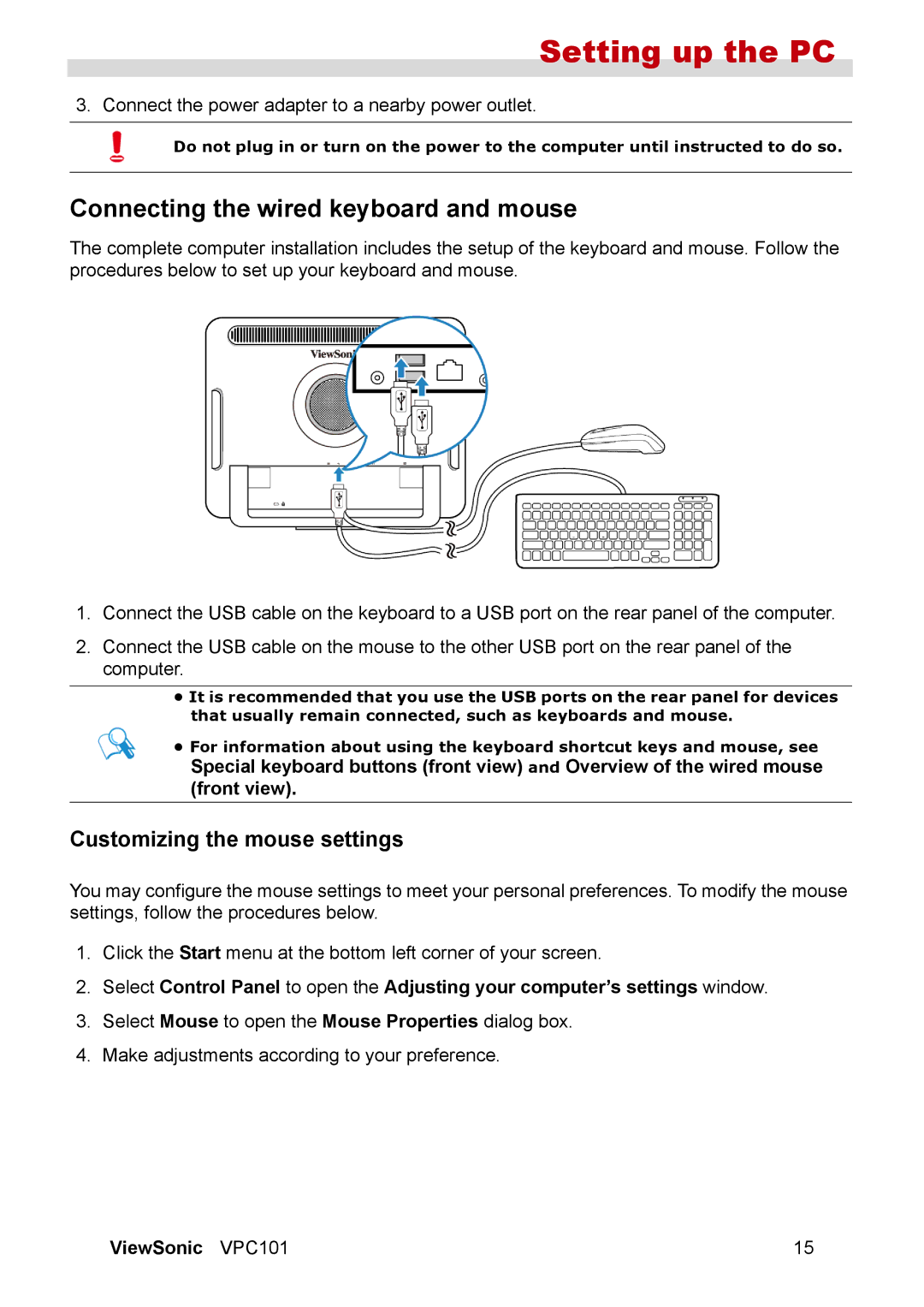 ViewSonic VPC101 manual Connecting the wired keyboard and mouse, Customizing the mouse settings 