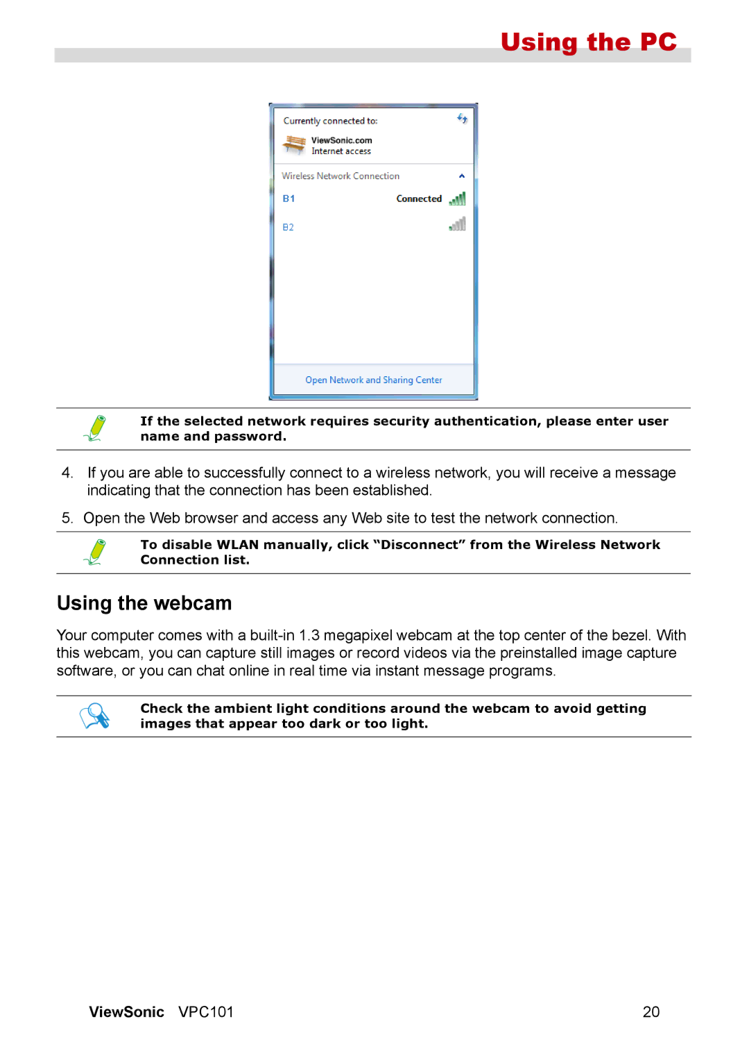 ViewSonic VPC101 manual Using the webcam 