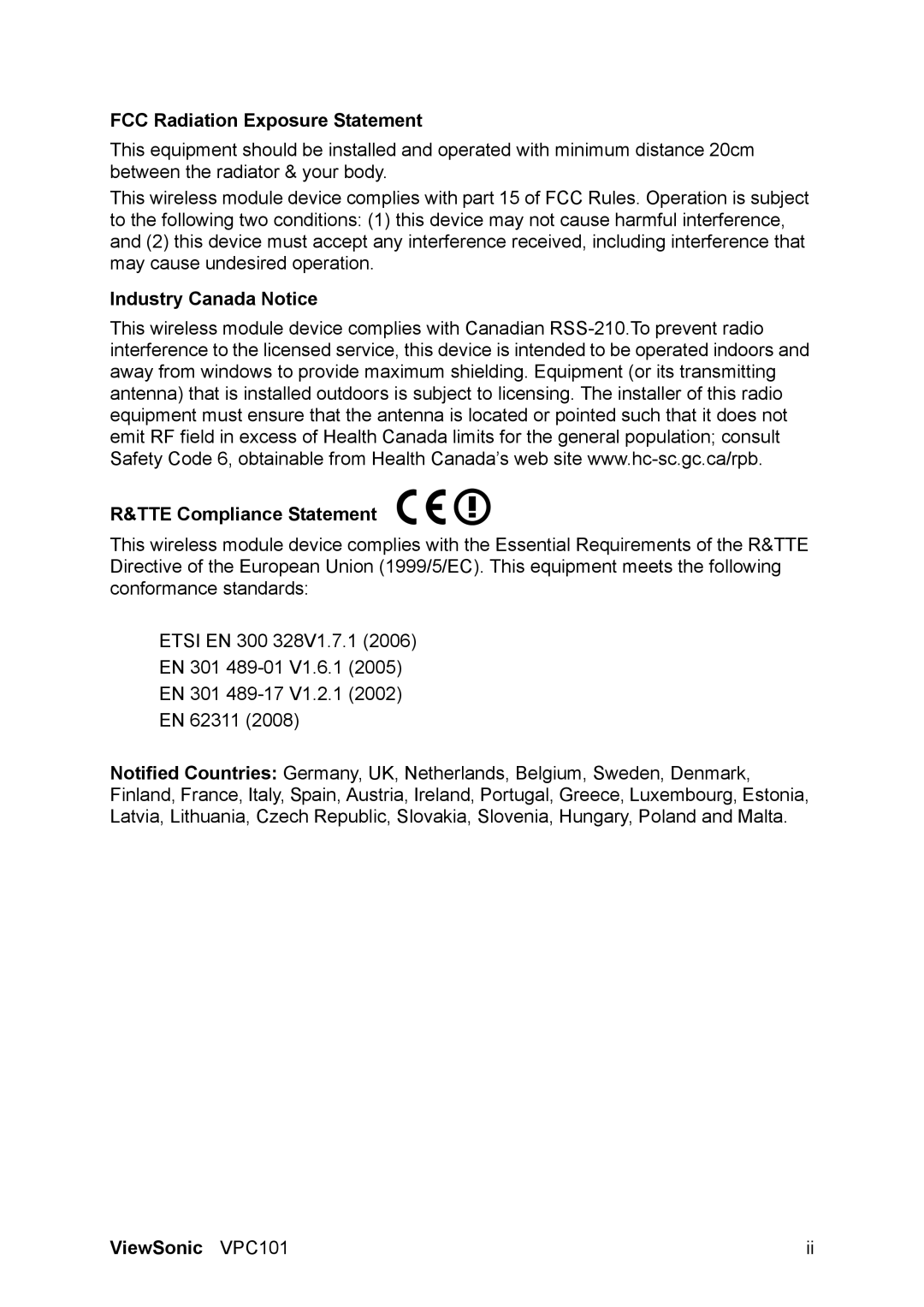 ViewSonic VPC101 manual FCC Radiation Exposure Statement, Industry Canada Notice TTE Compliance Statement 