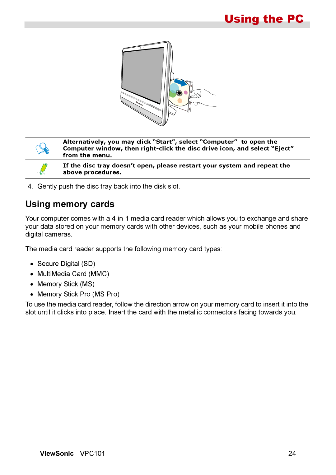 ViewSonic VPC101 manual Using memory cards 