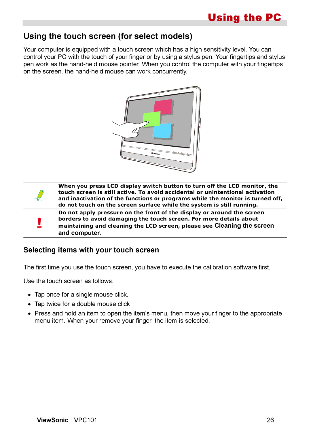 ViewSonic VPC101 manual Using the touch screen for select models, Selecting items with your touch screen, Computer 