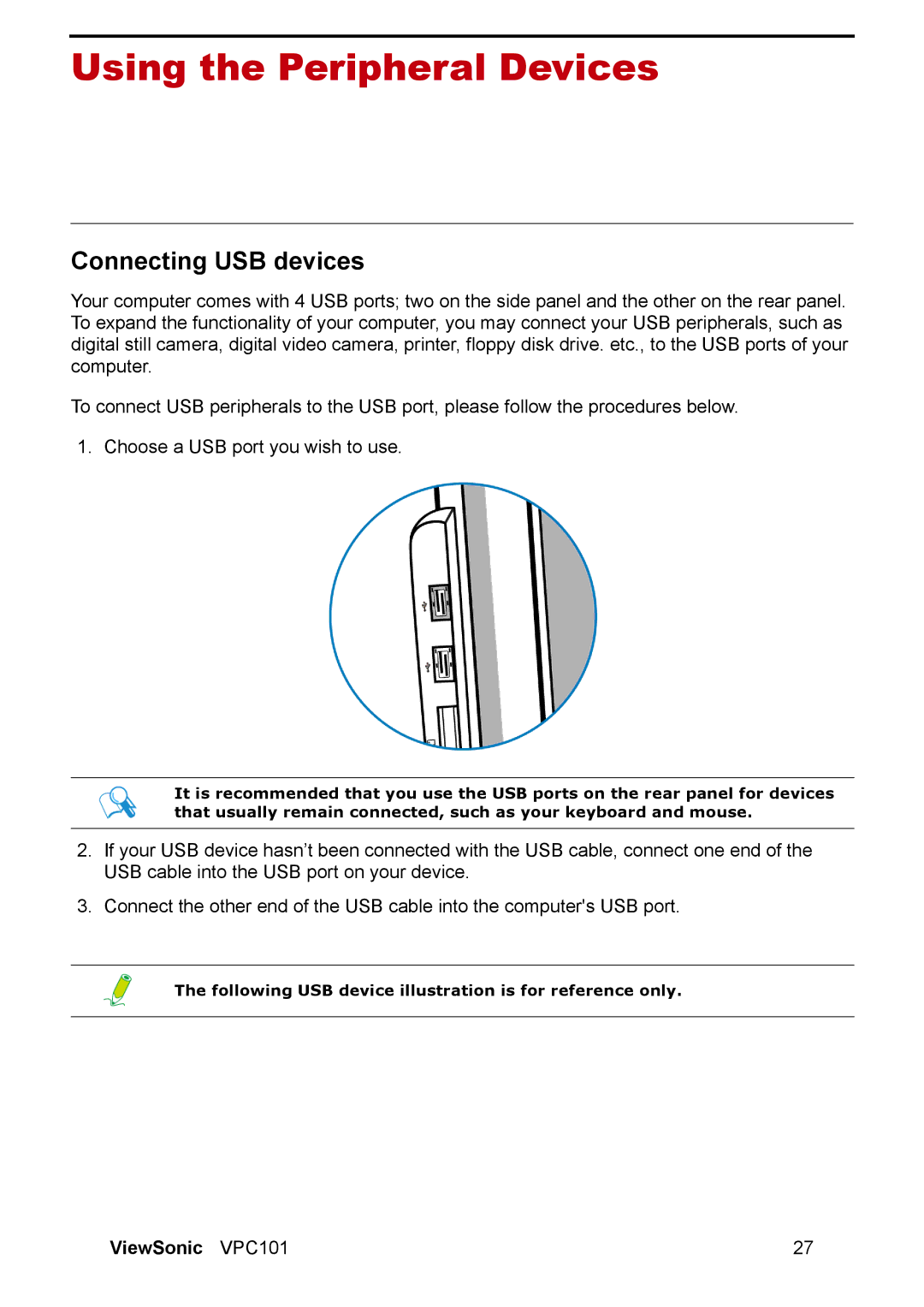 ViewSonic VPC101 manual Using the Peripheral Devices, Connecting USB devices 