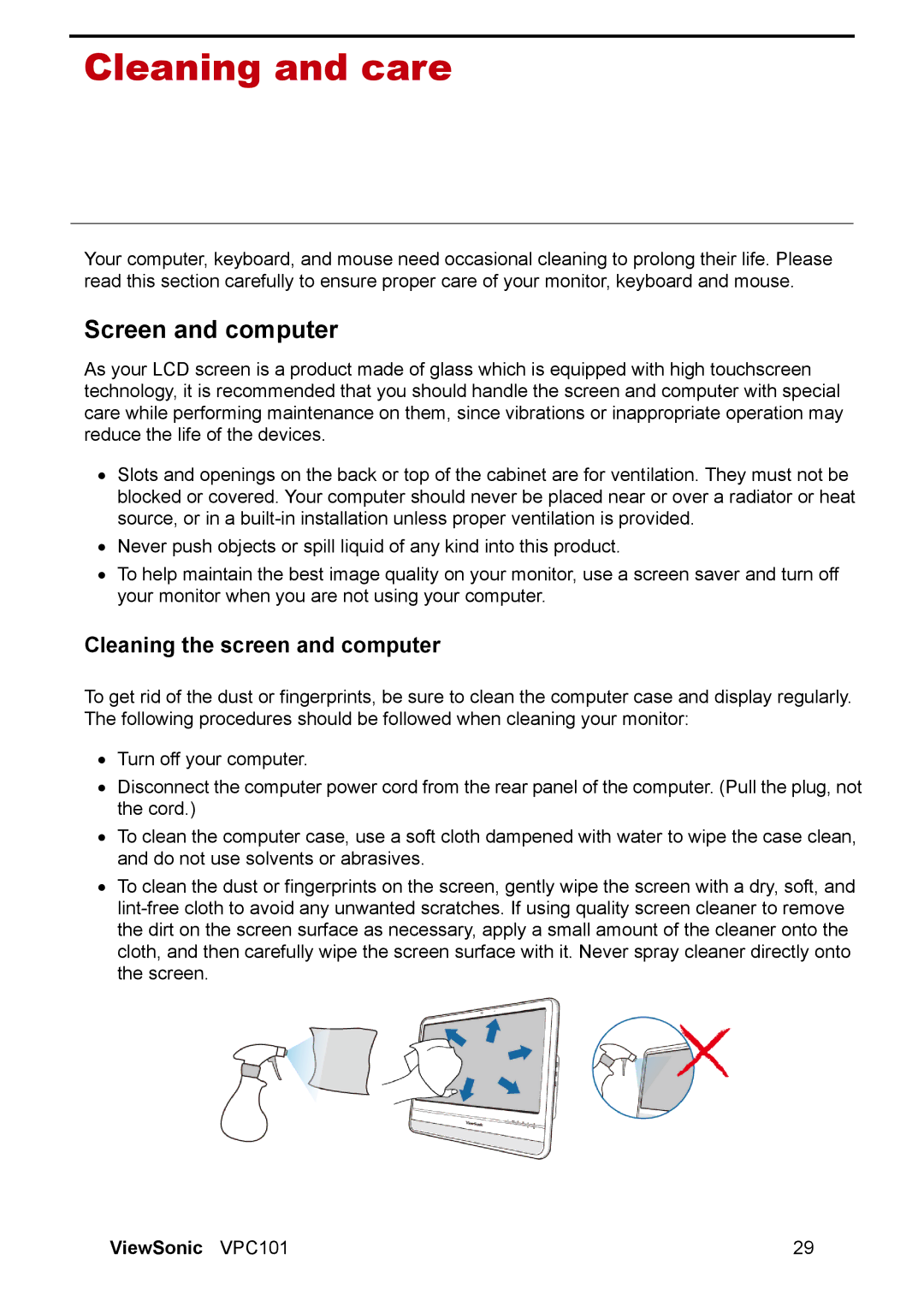 ViewSonic VPC101 manual Cleaning and care, Screen and computer, Cleaning the screen and computer 