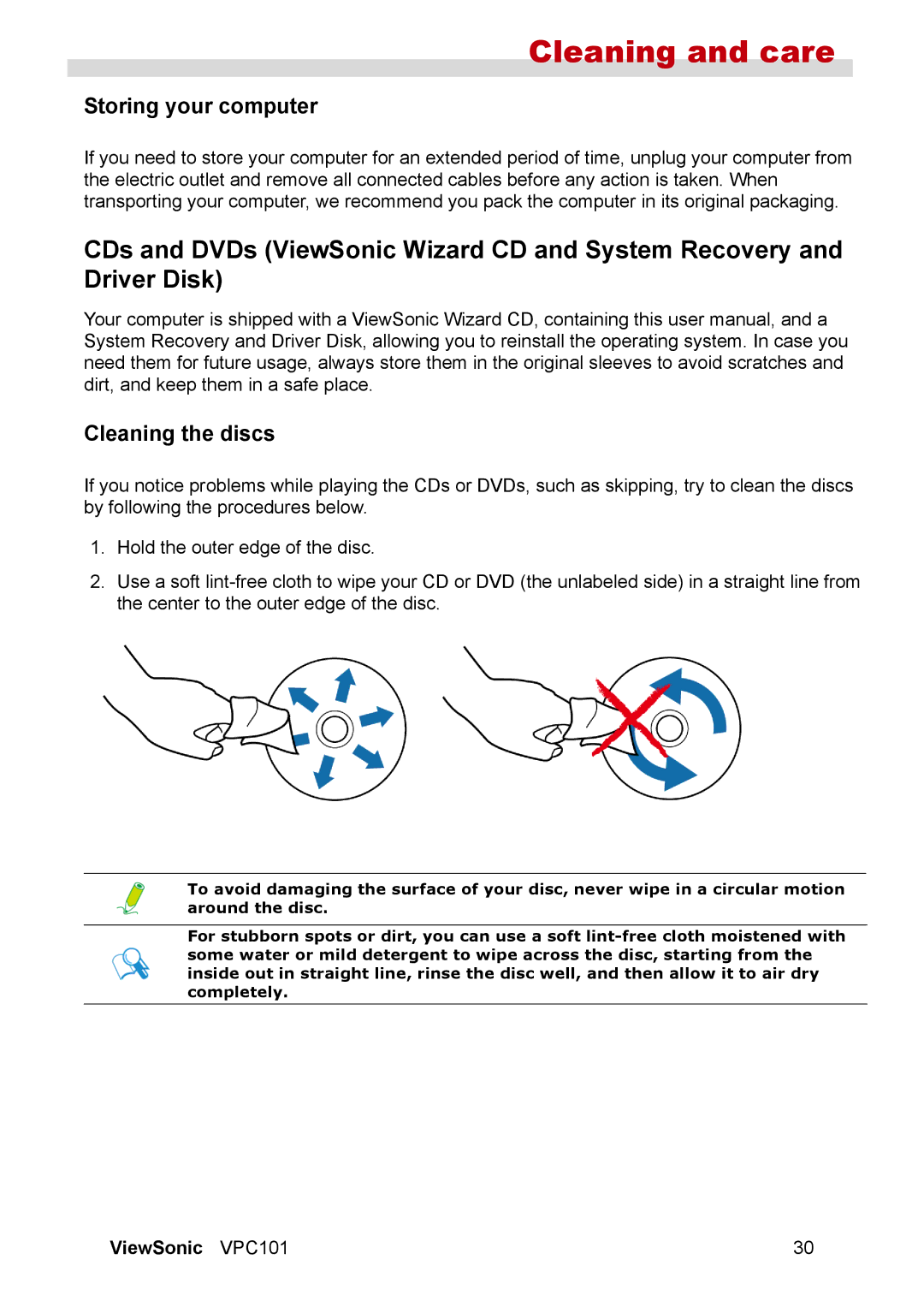 ViewSonic VPC101 manual Cleaning and care, Storing your computer, Cleaning the discs 