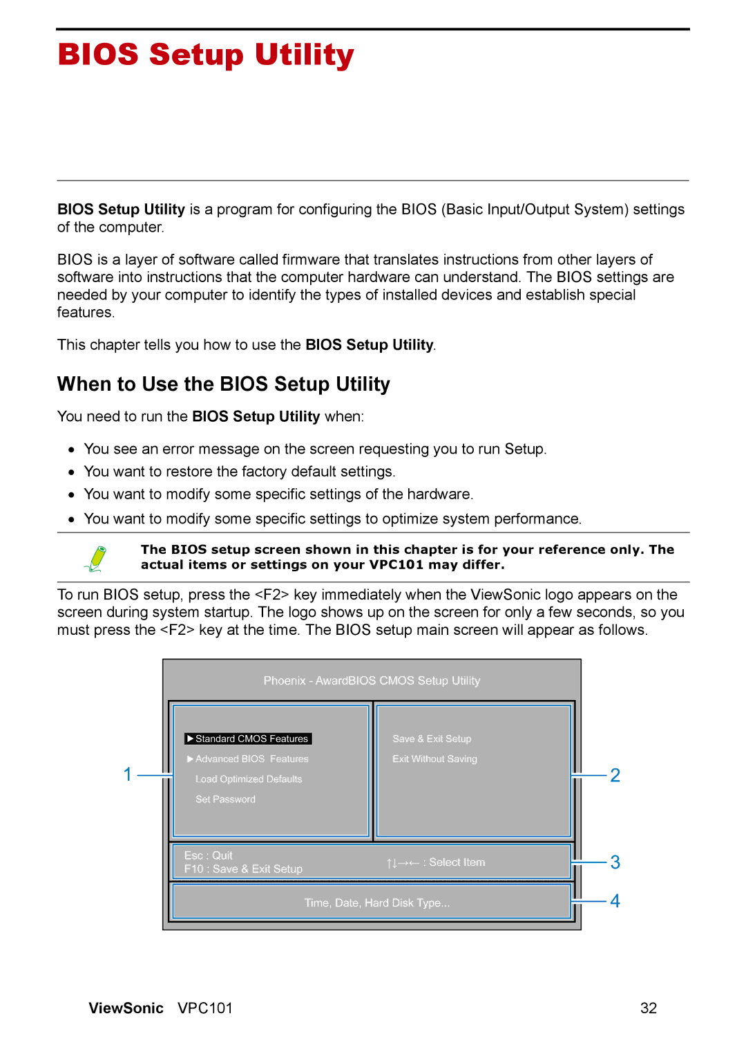 ViewSonic VPC101 manual When to Use the Bios Setup Utility 