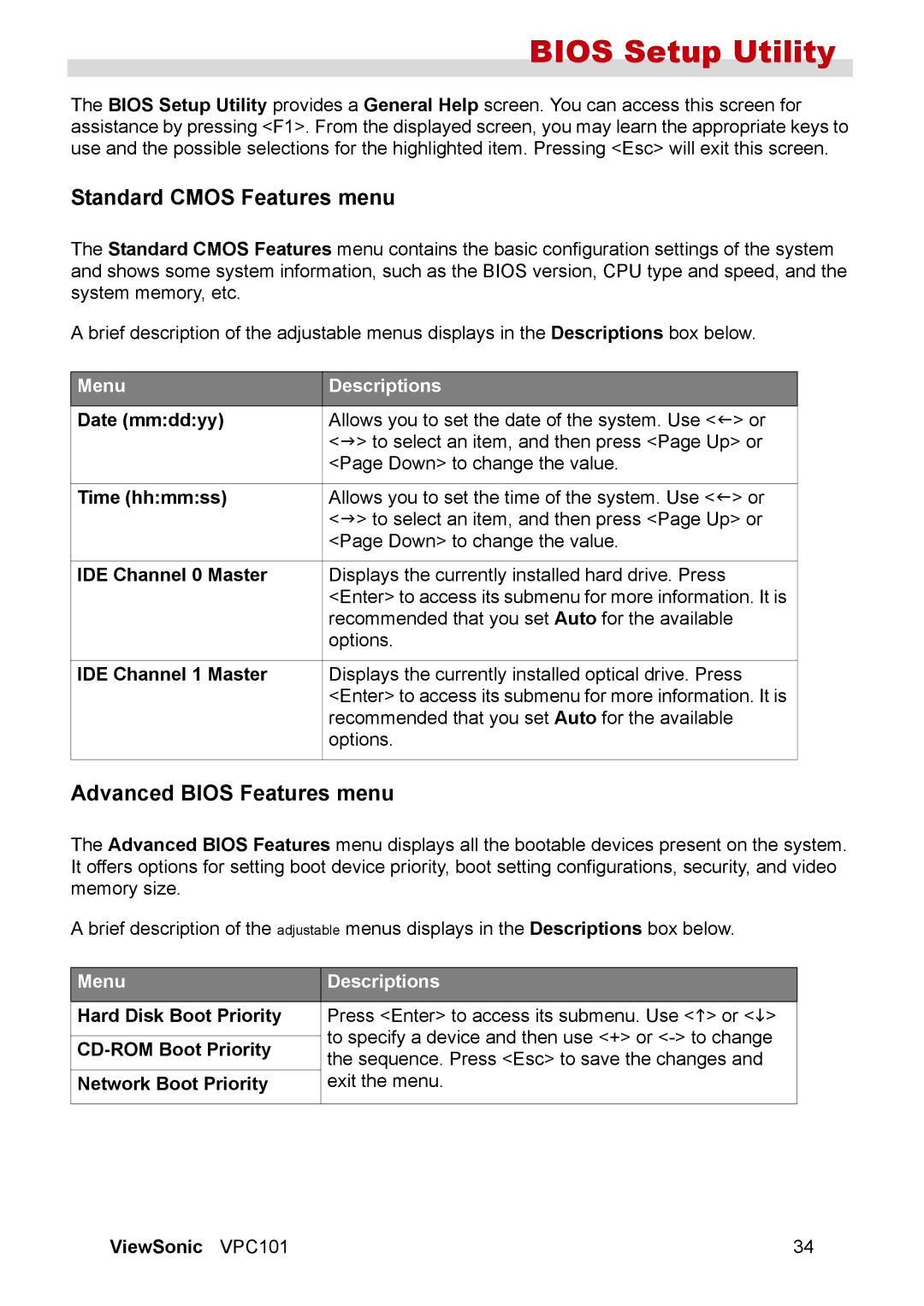 ViewSonic VPC101 manual Standard Cmos Features menu, Advanced Bios Features menu 