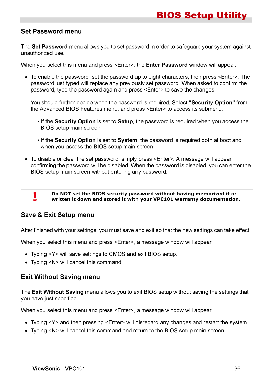 ViewSonic VPC101 manual Set Password menu, Save & Exit Setup menu, Exit Without Saving menu 