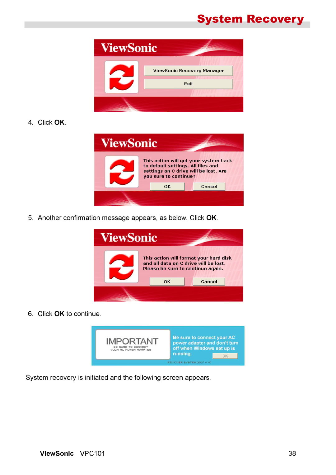 ViewSonic VPC101 manual System Recovery 