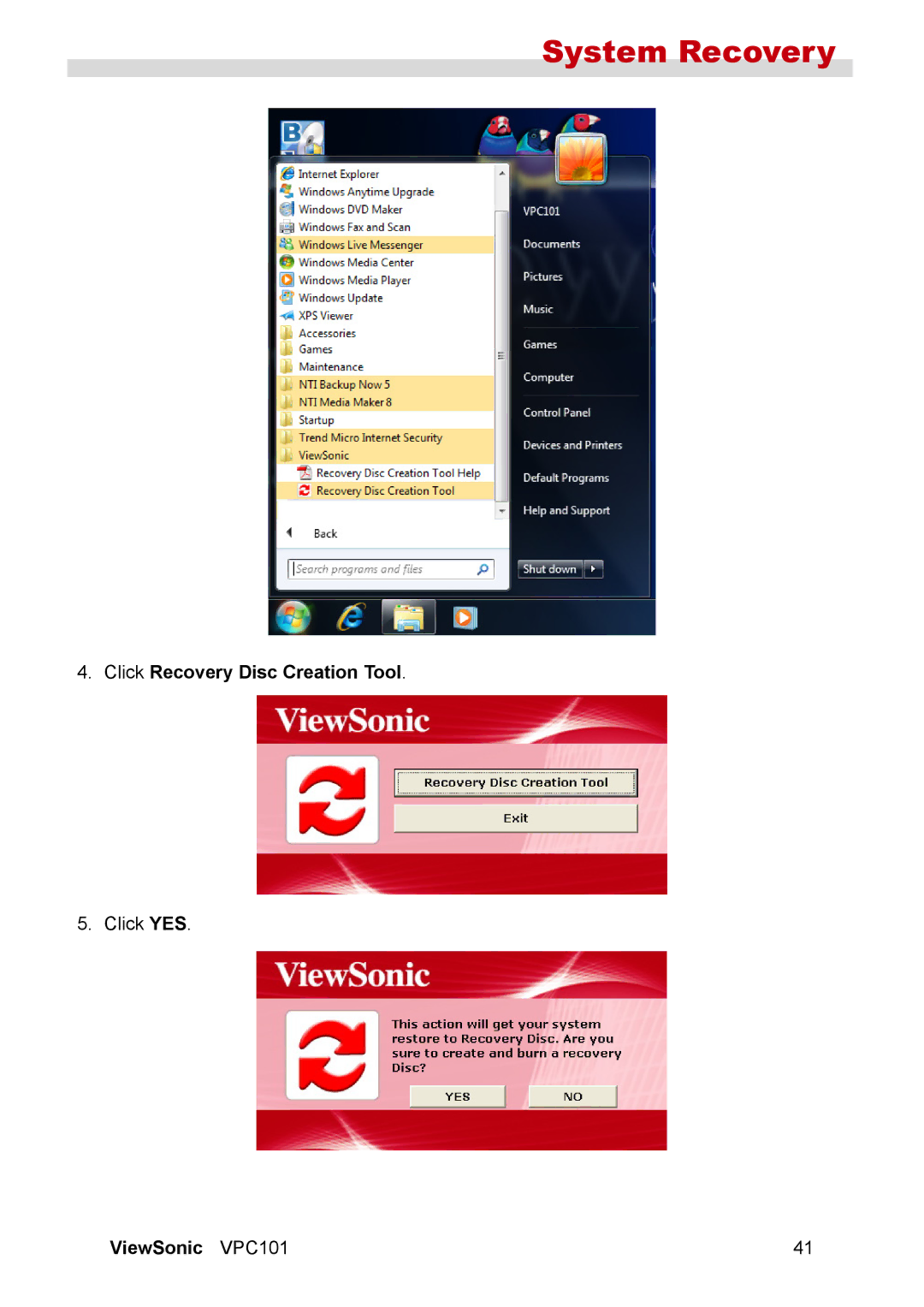 ViewSonic VPC101 manual Click Recovery Disc Creation Tool 