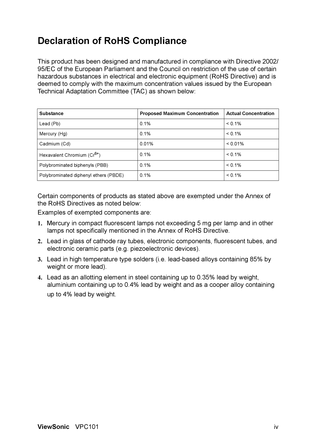 ViewSonic VPC101 manual Declaration of RoHS Compliance 