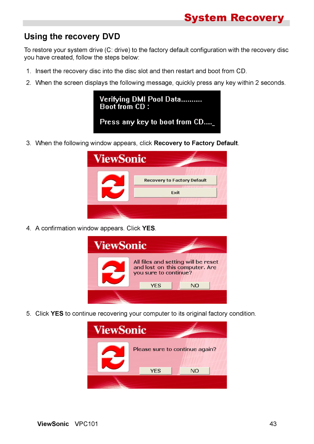 ViewSonic VPC101 manual Using the recovery DVD 