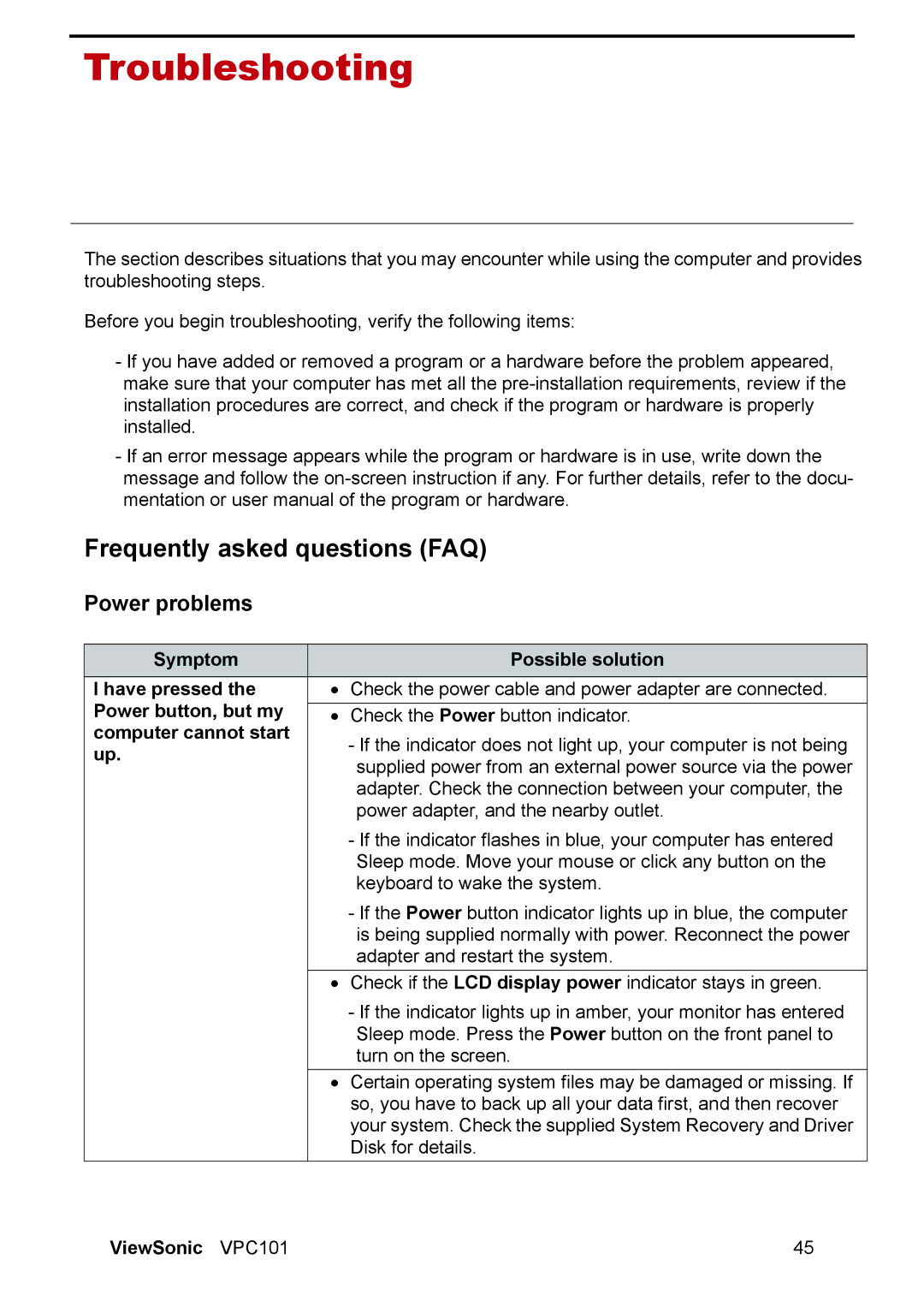 ViewSonic VPC101 manual Troubleshooting, Frequently asked questions FAQ, Power problems 