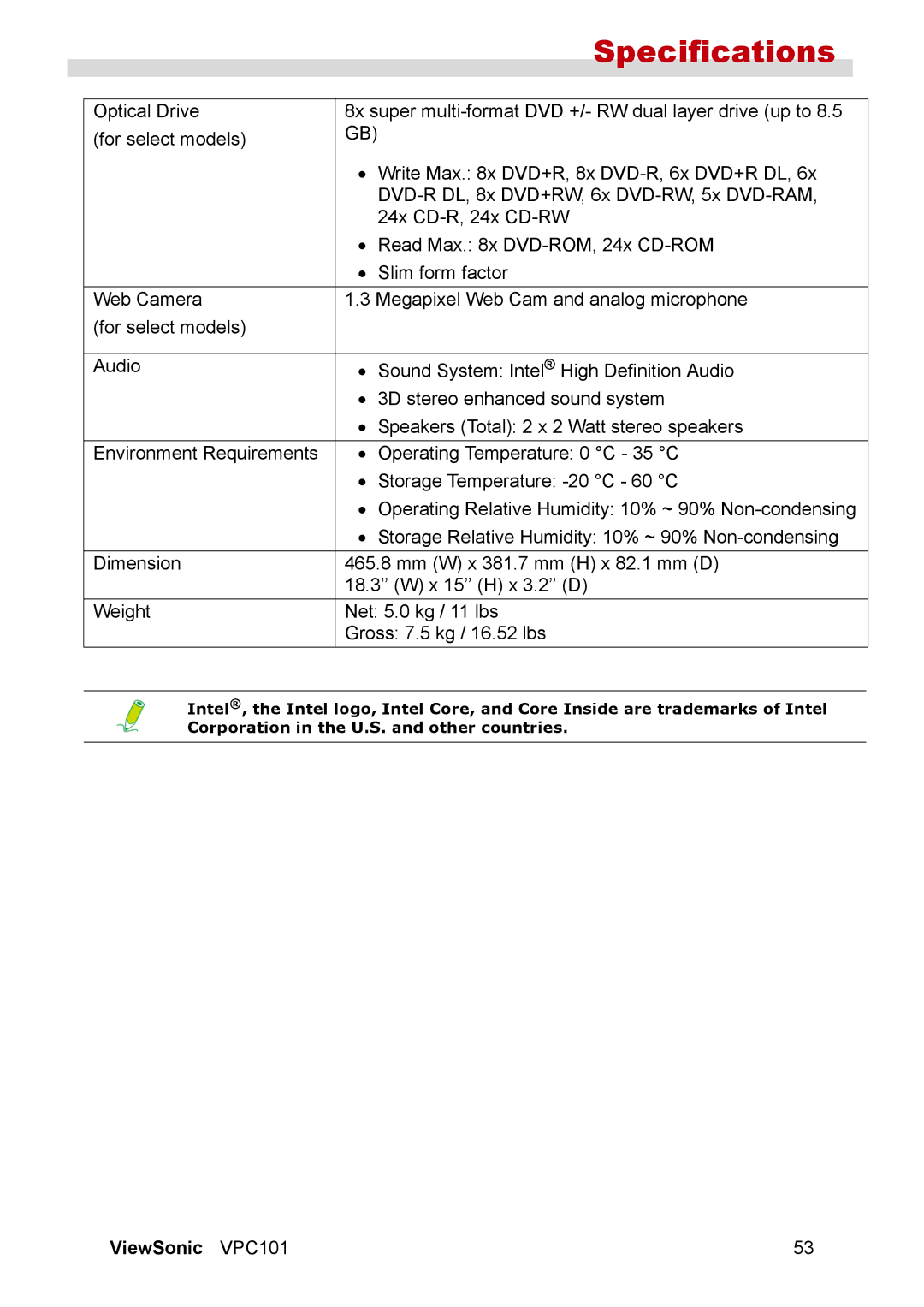 ViewSonic VPC101 manual Specifications 