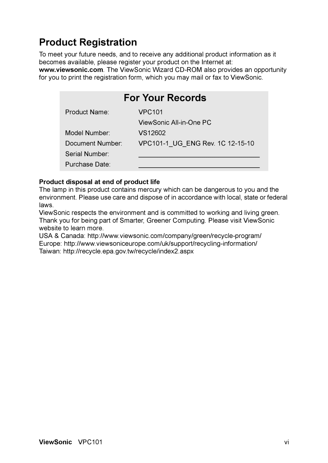 ViewSonic VPC101 manual Product Registration For Your Records, Product disposal at end of product life 