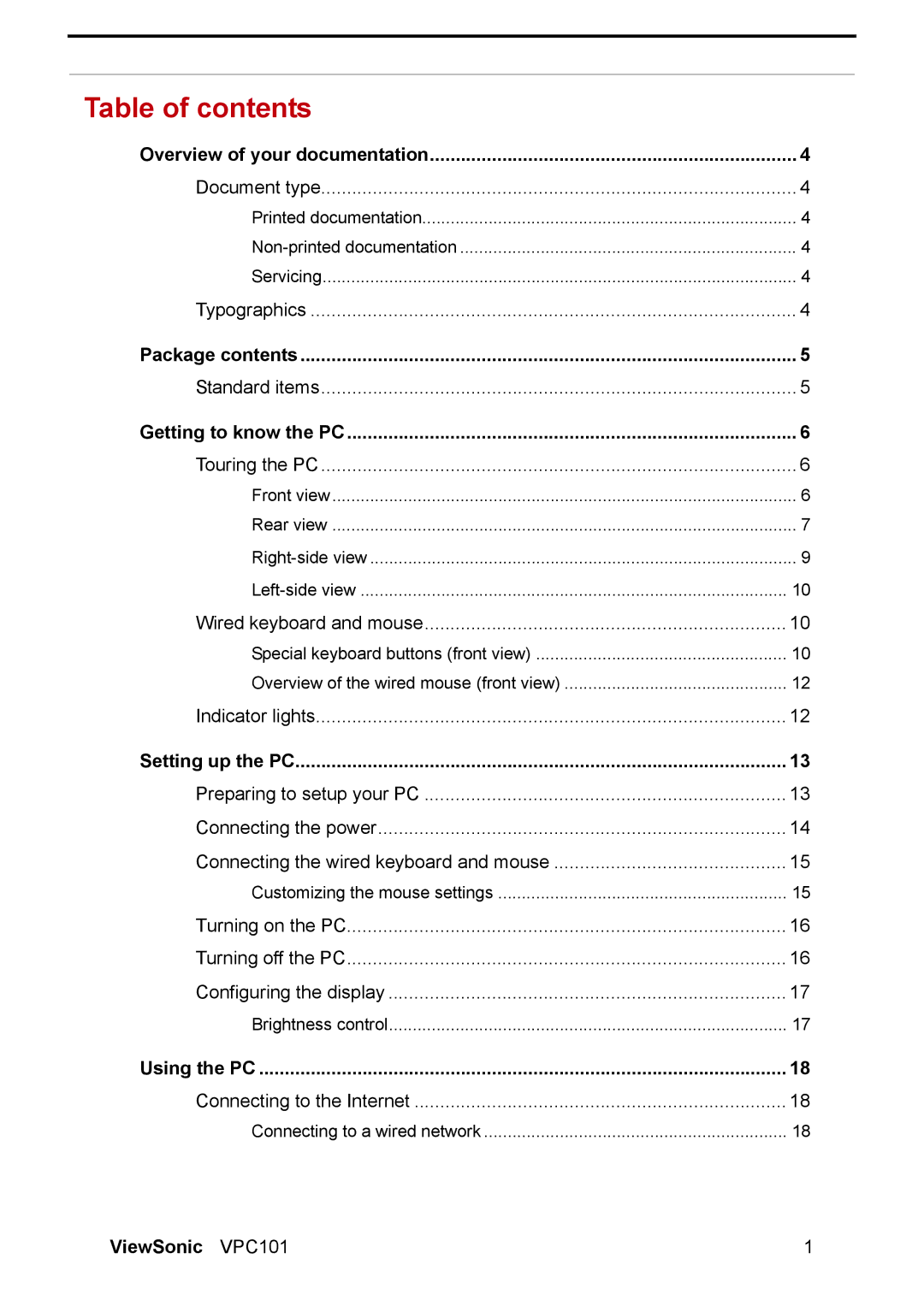 ViewSonic VPC101 manual Table of contents 