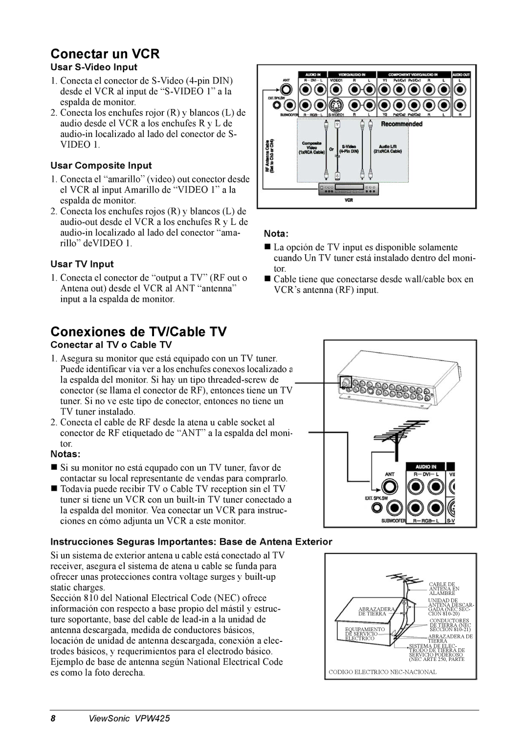 ViewSonic VPW425 manual Conectar un VCR, Conexiones de TV/Cable TV 