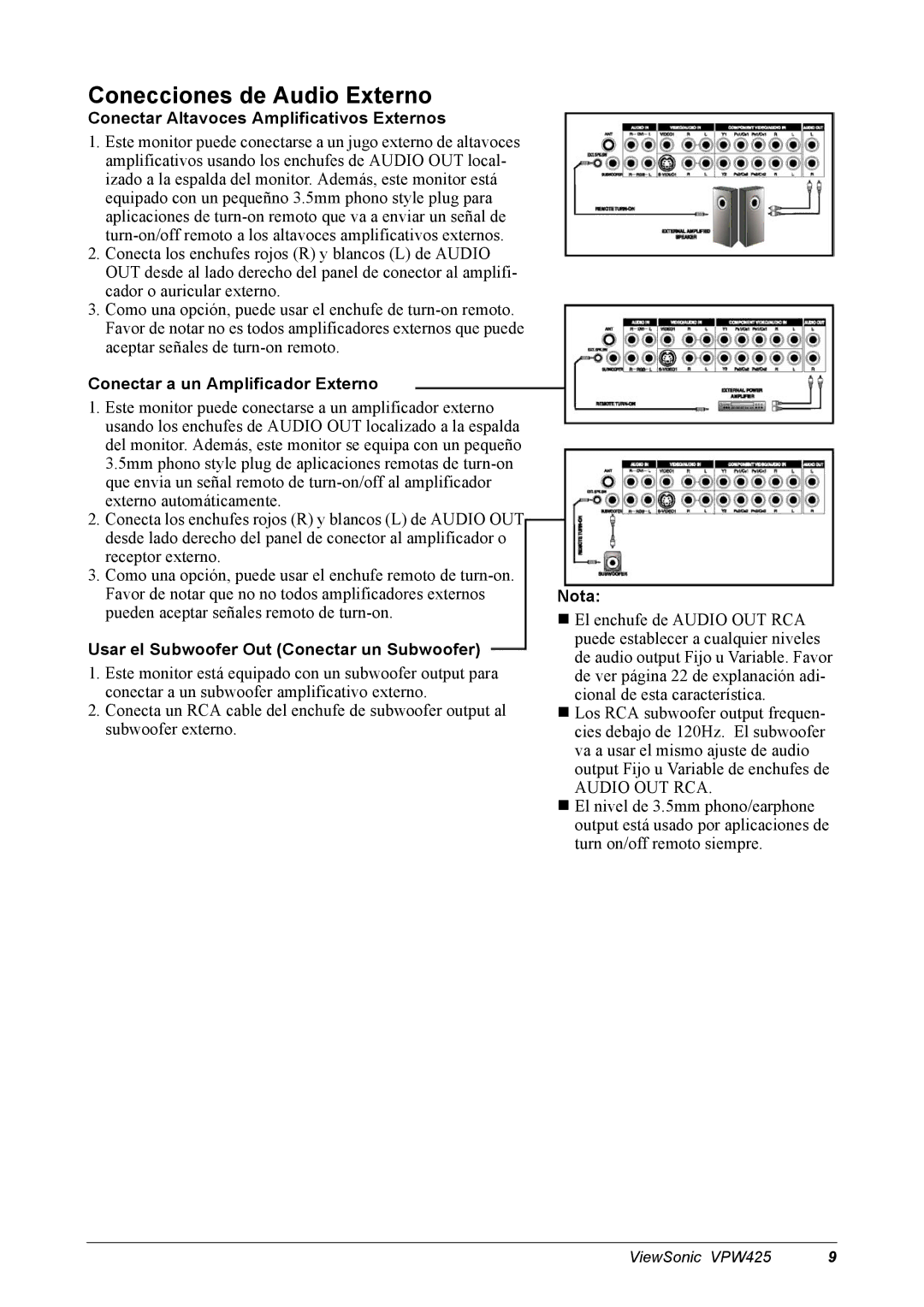 ViewSonic VPW425 manual Conecciones de Audio Externo, Conectar Altavoces Amplificativos Externos 