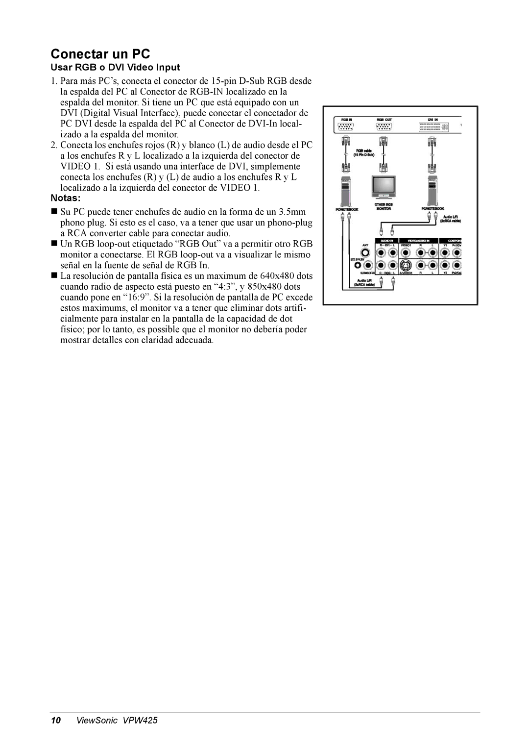 ViewSonic VPW425 manual Conectar un PC, Usar RGB o DVI Video Input 