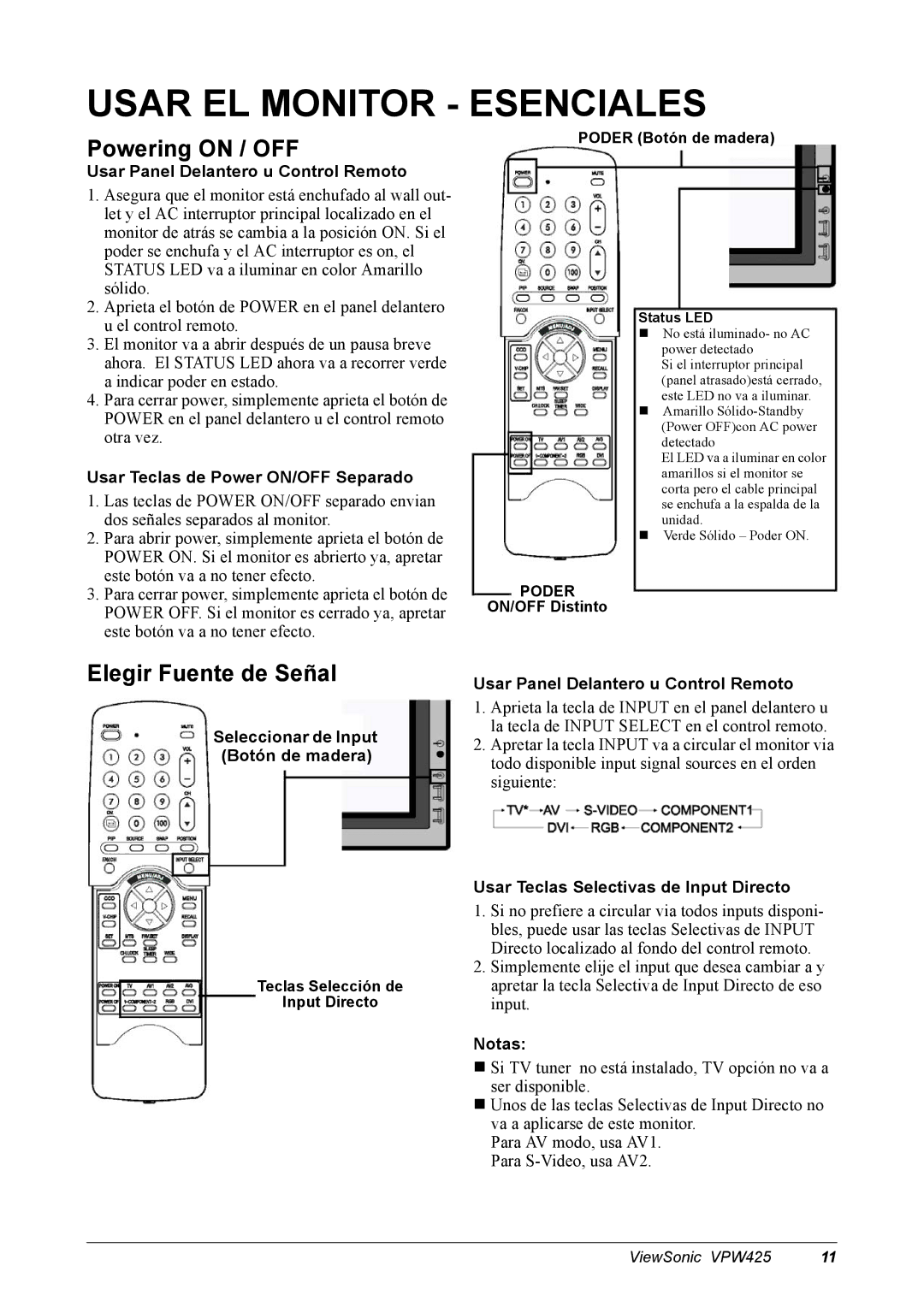 ViewSonic VPW425 manual Usar EL Monitor Esenciales, Powering on / OFF, Elegir Fuente de Señal 