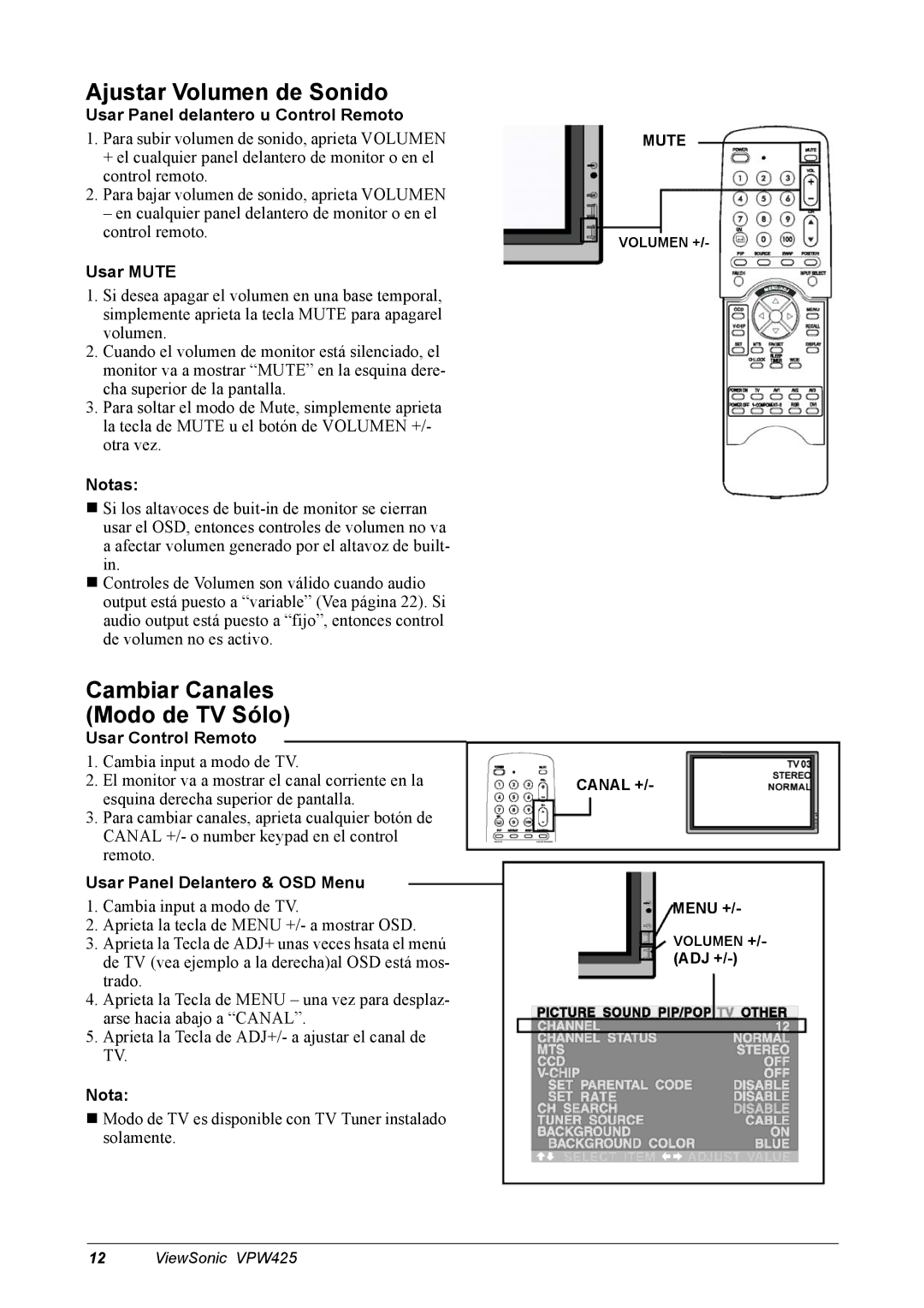 ViewSonic VPW425 manual Ajustar Volumen de Sonido, Cambiar Canales Modo de TV Sólo, Usar Mute, Usar Control Remoto 