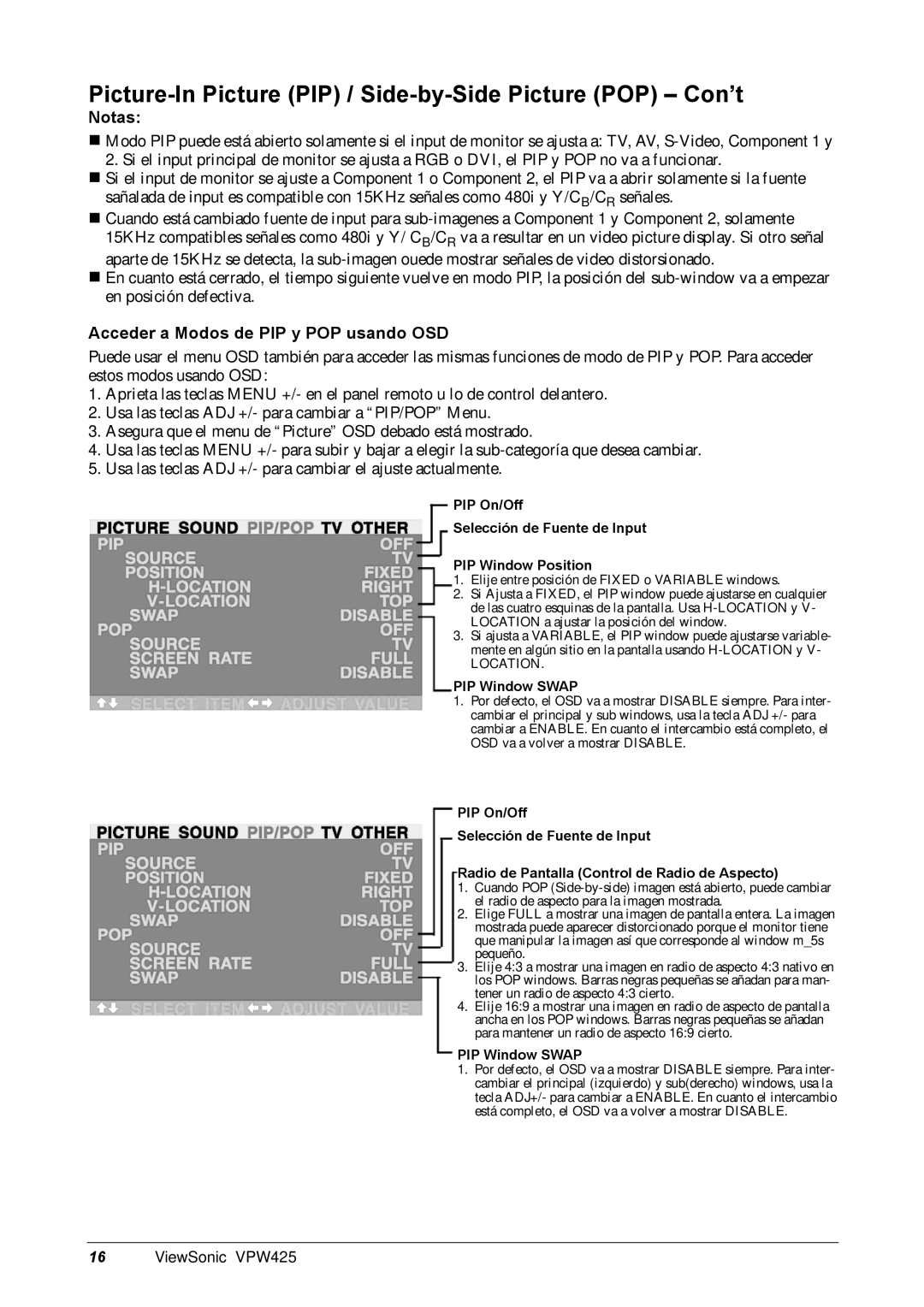 ViewSonic VPW425 manual Picture-In Picture PIP / Side-by-Side Picture POP Con’t, Acceder a Modos de PIP y POP usando OSD 